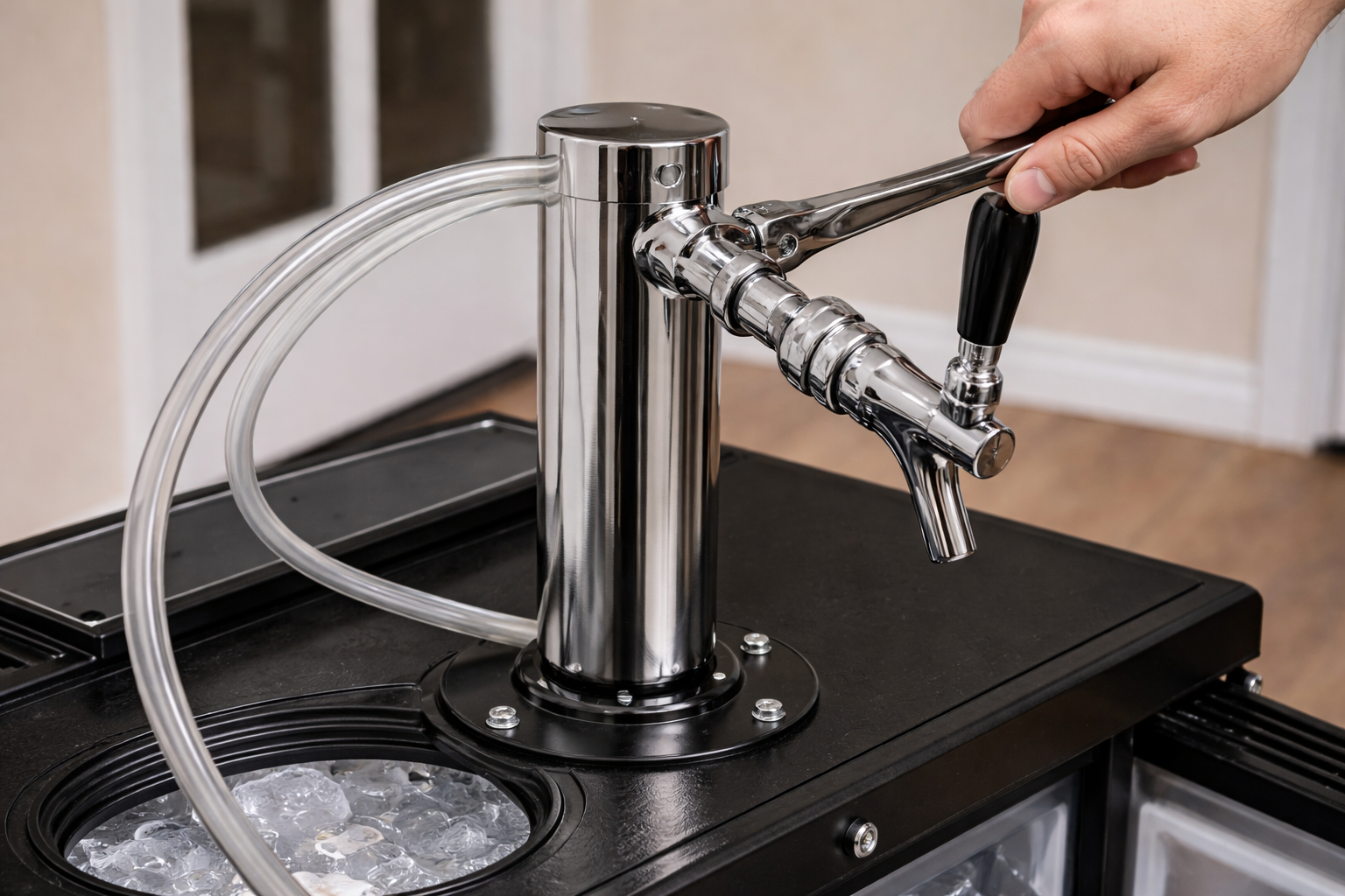 Draft tower and faucet being installed on top of a kegerator with gasket and beer line visible