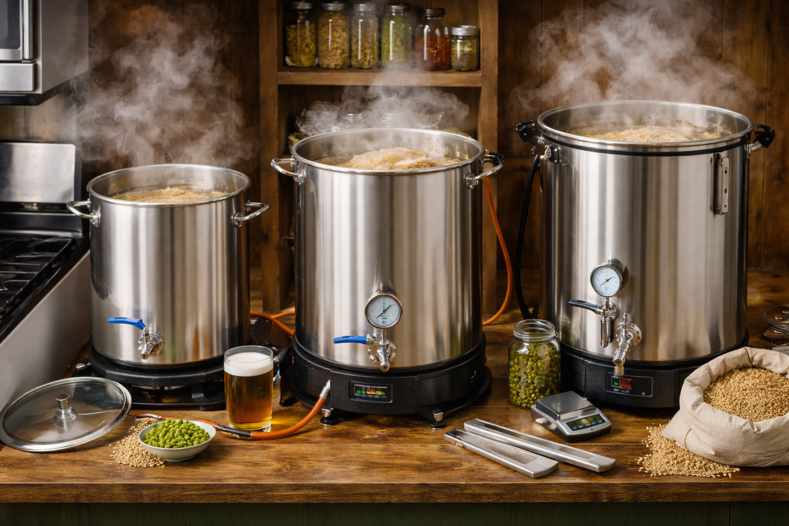 Different brewing kettle sizes for small-batch and five-gallon all grain brewing