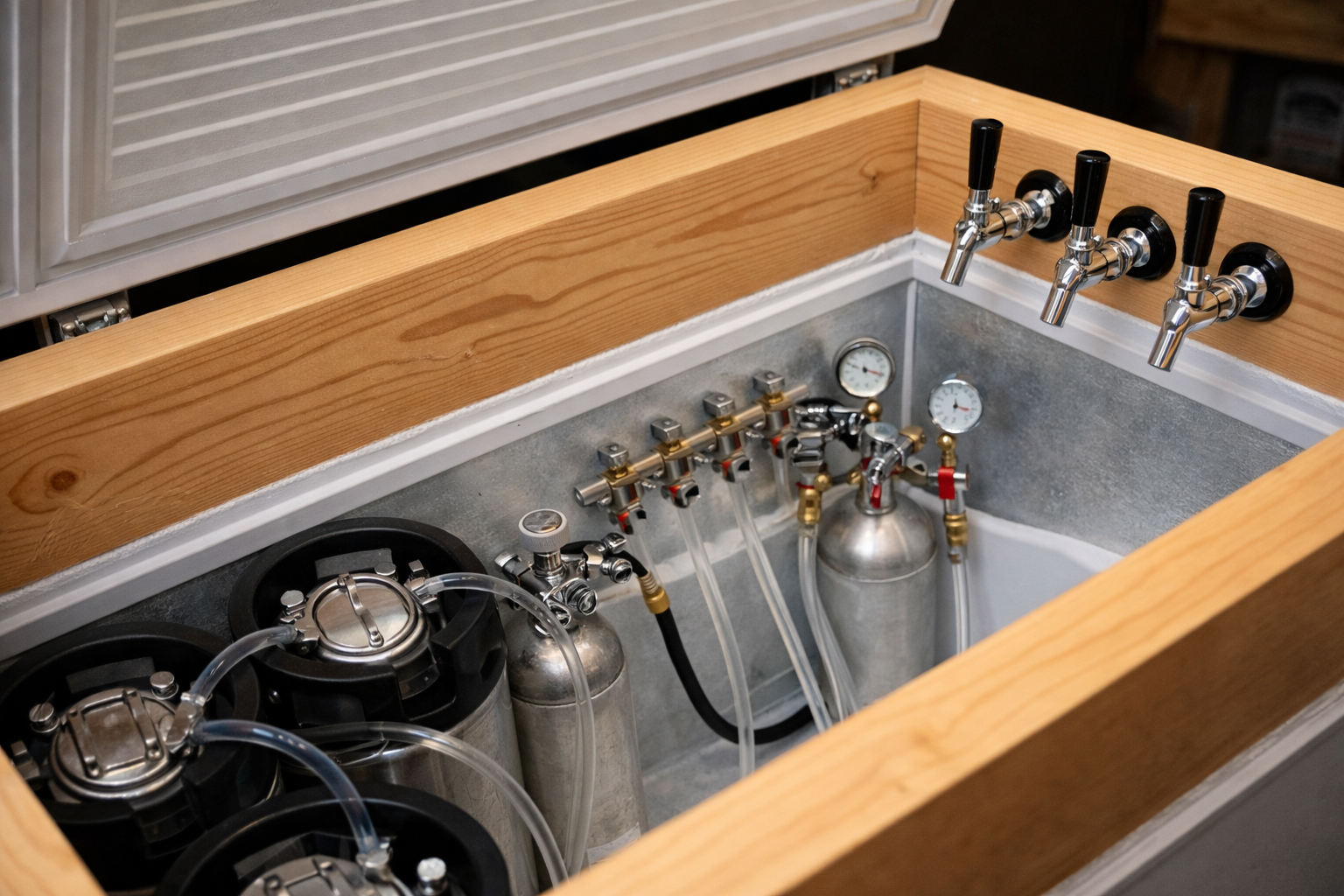 Keezer draft hardware setup with faucets, shanks, regulator, gas manifold, and beer lines