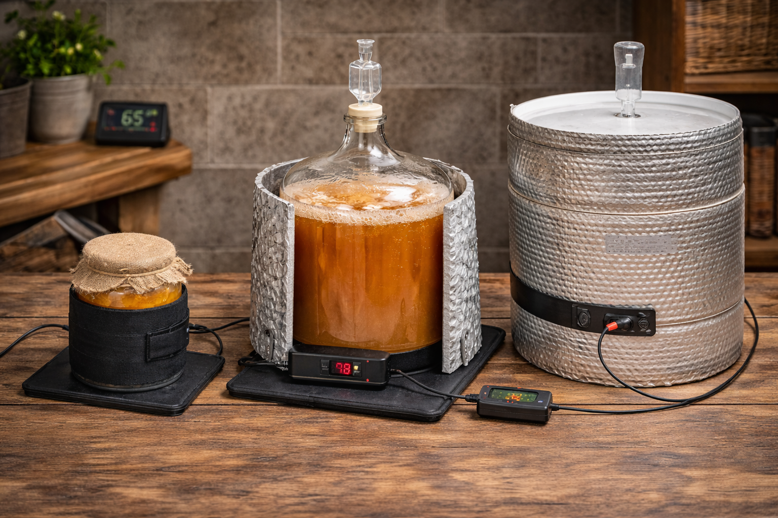 Fermentation heating pad sizing guide showing vessel sizes, controller use, and insulation scenarios