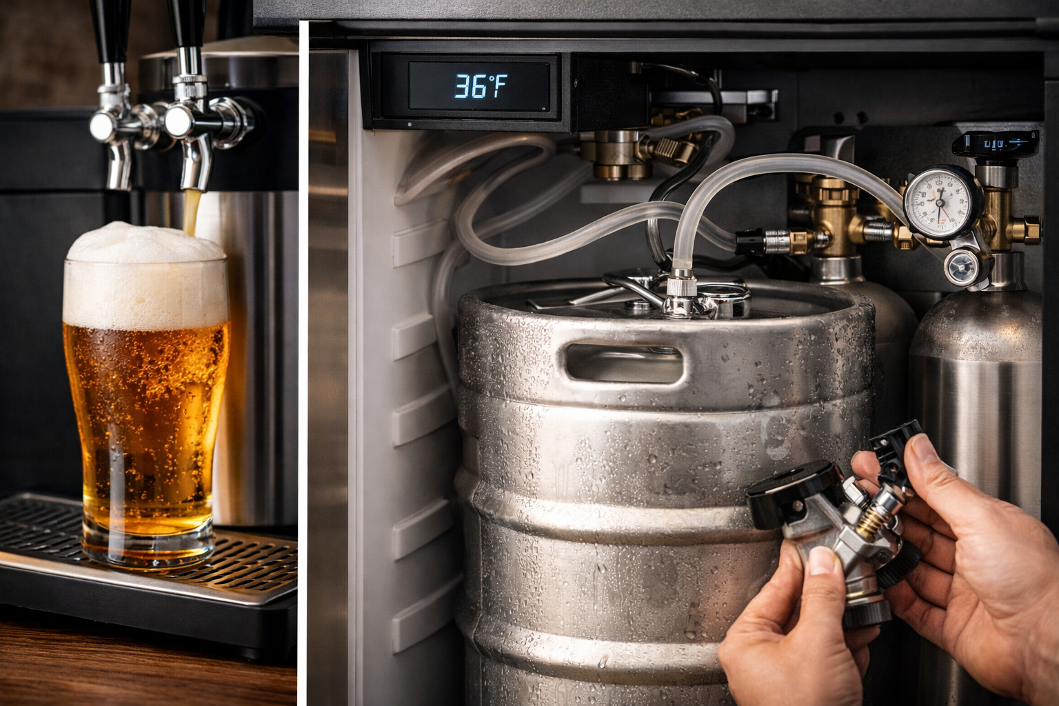 Kegerator troubleshooting visual showing chilled keg, faucet, coupler, lines, and common foamy pour causes
