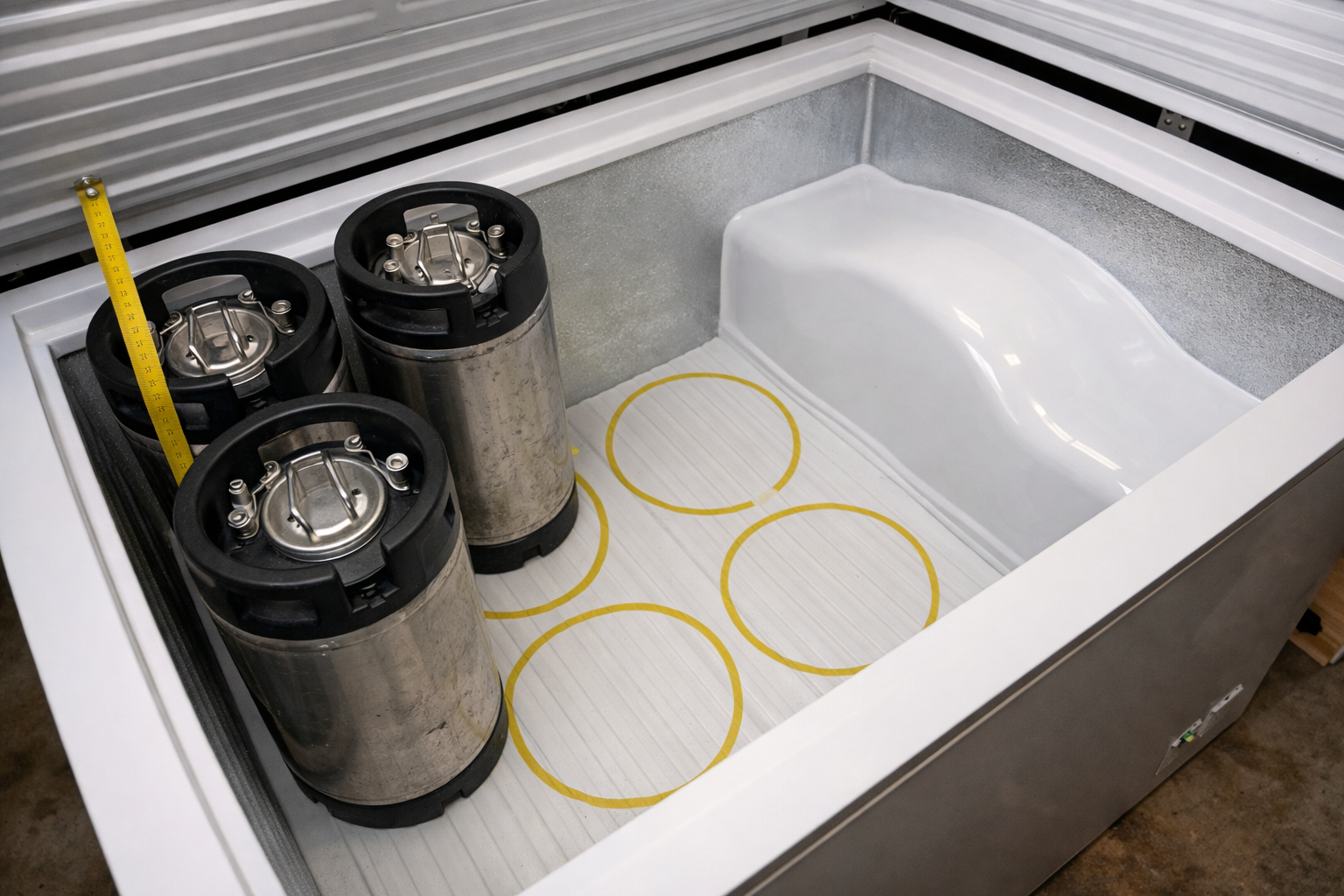 Chest freezer interior with keg footprint layout and compressor hump marked
