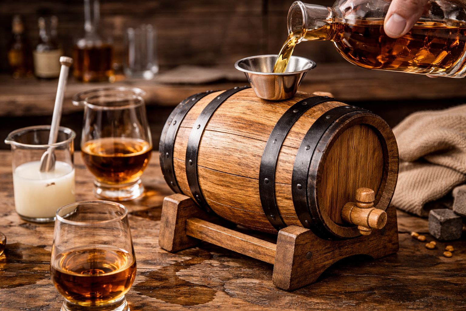 Mini whiskey barrel being cured and filled with a funnel beside tasting glasses on a work surface