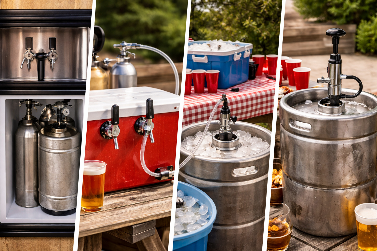 Side-by-side view of different keg dispensing setups including a kegerator, picnic tap, jockey box, and party pump