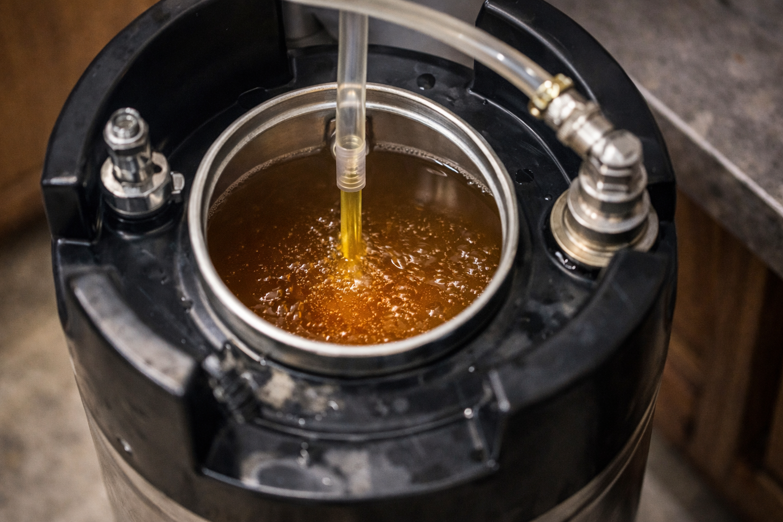 Beer filling a keg from the bottom through tubing and the liquid post to reduce splashing and oxygen exposure