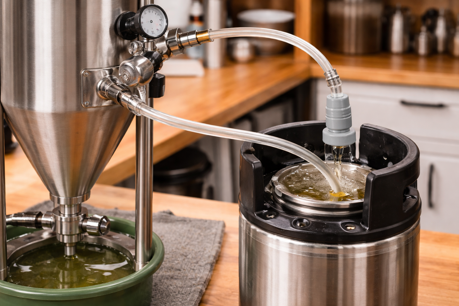 Homebrew beer transferring from fermenter to purged Cornelius keg with tubing and CO2 line