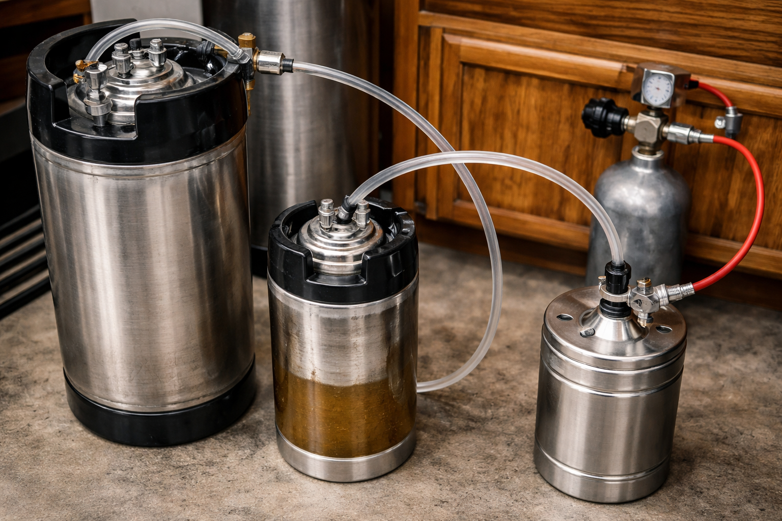 Keg-to-keg beer transfer setup with two stainless kegs connected by liquid lines and controlled venting