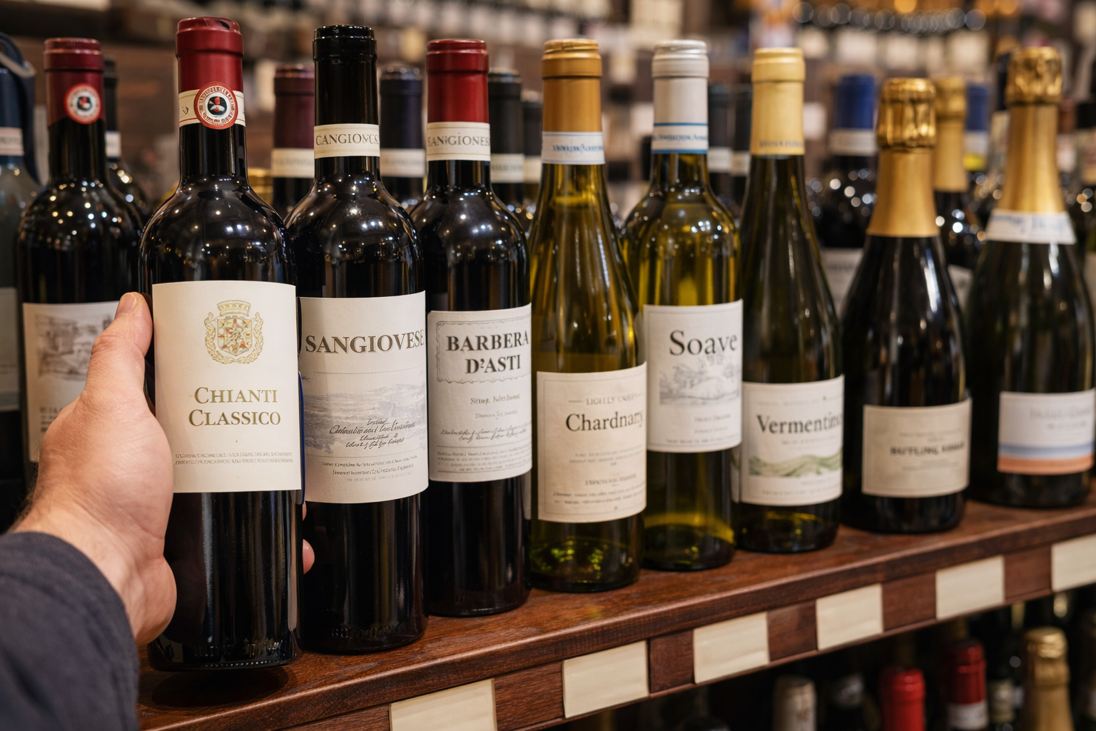 Wine shop shelf with labels like Chianti Classico, Sangiovese, Barbera d'Asti, Soave, Vermentino, and brut sparkling wine