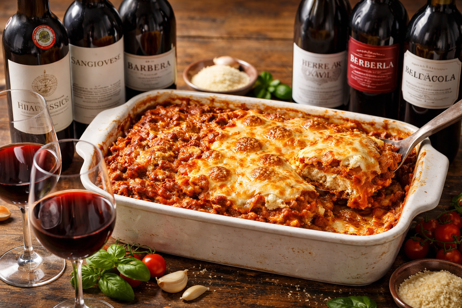 Side-by-side glasses or bottles of Chianti Classico, Sangiovese, Barbera, Dolcetto, Nero d'Avola, and Ripasso with meat lasagna