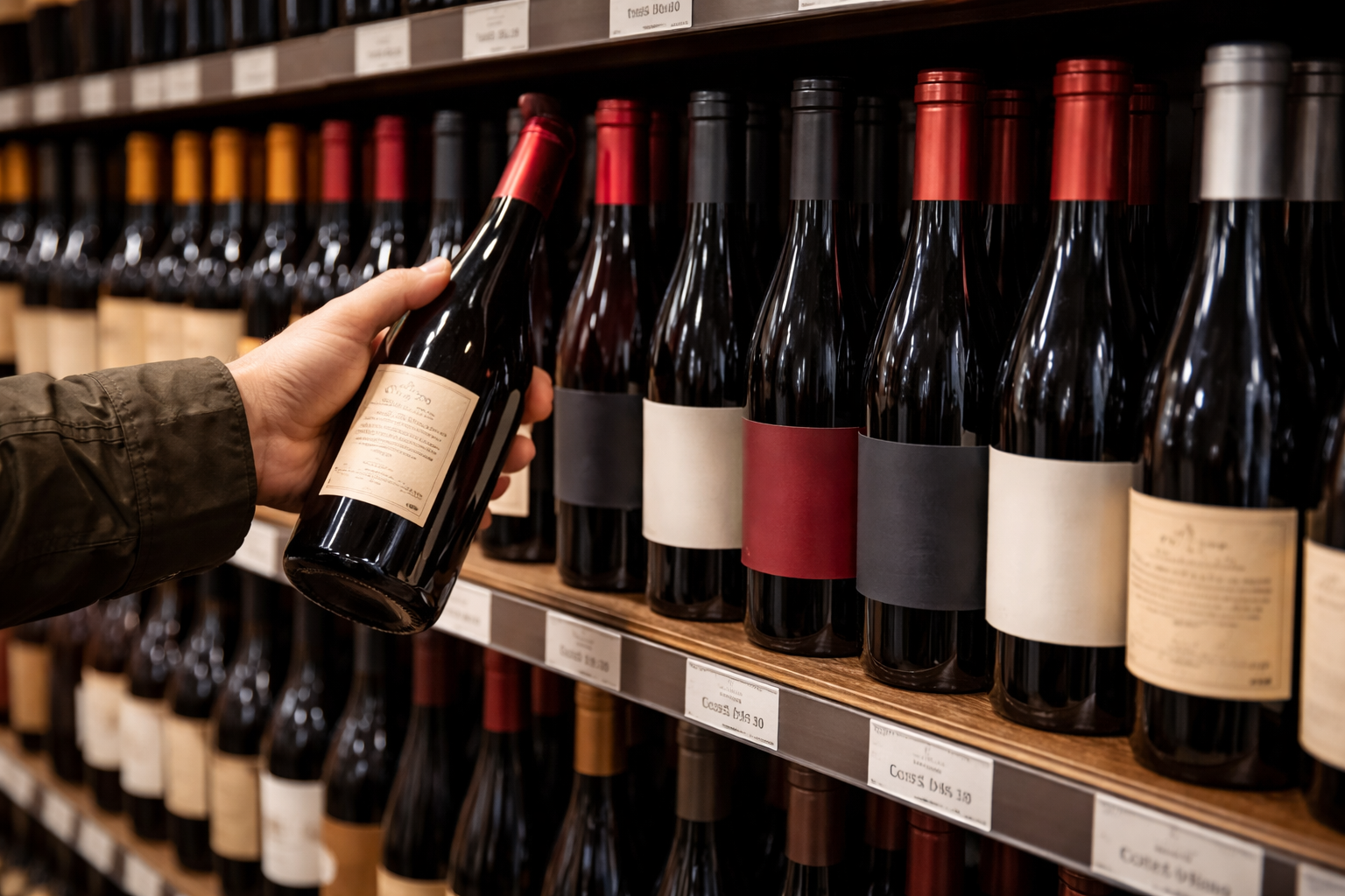 Best Wine for Beef Bourguignon: 5 Smart Picks and 4 Mistakes to Avoid 2 Wine shelf guide showing good label cues and red flags for beef bourguignon cooking wine