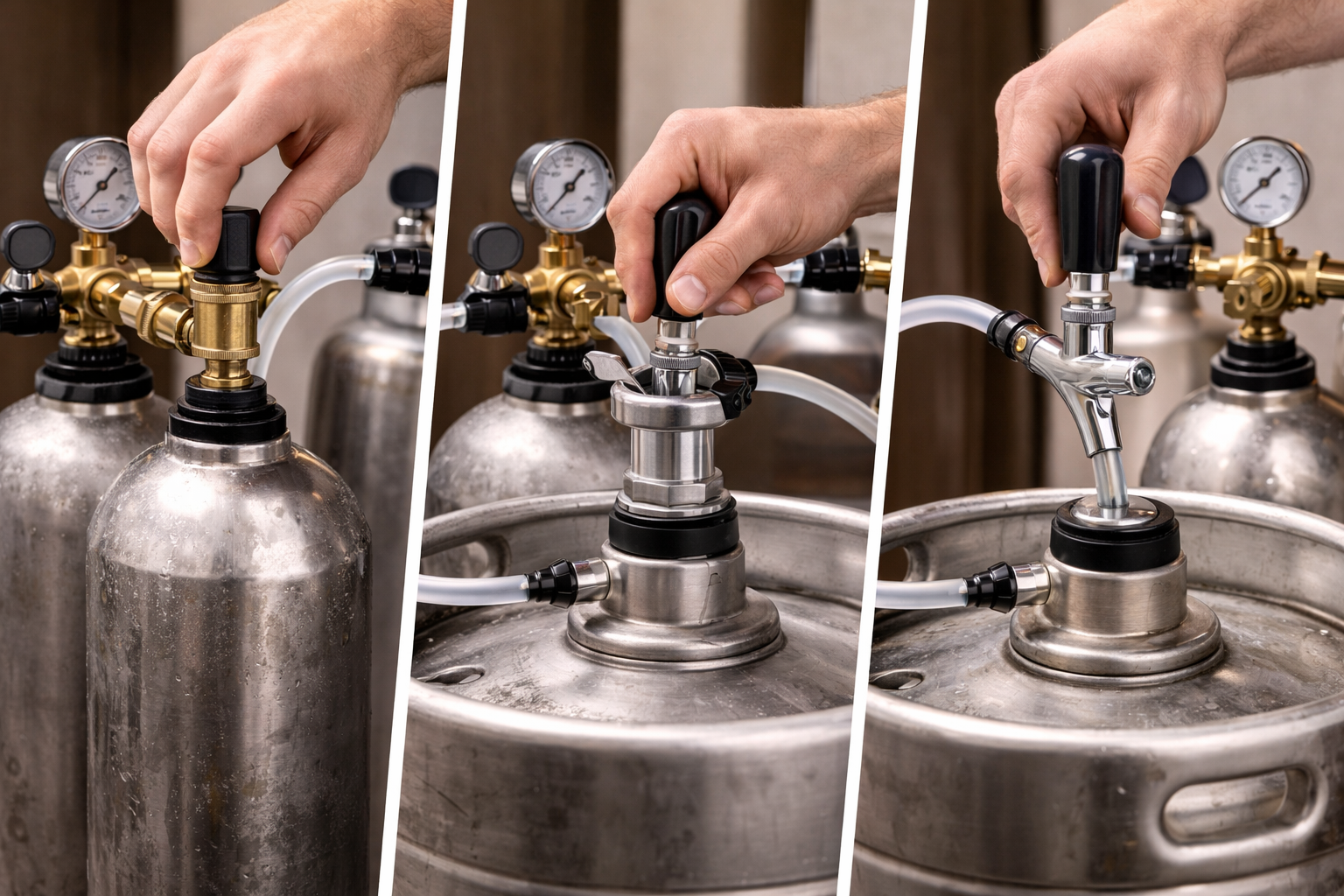 Close-up of a keg coupler being seated and engaged with a CO2 regulator attached