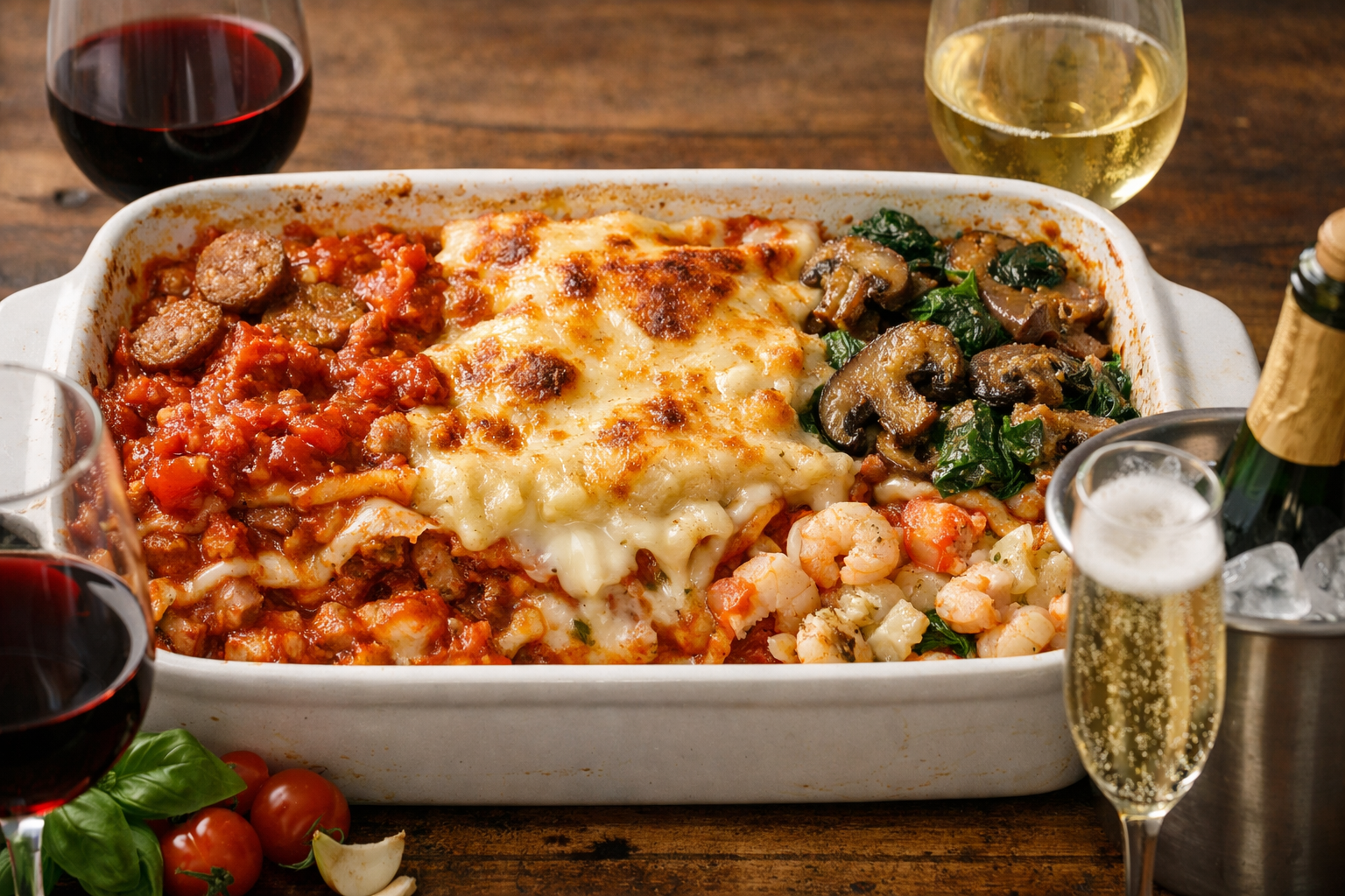Annotated lasagna showing tomato sauce, bechamel, mushrooms, seafood, and cheese as pairing drivers