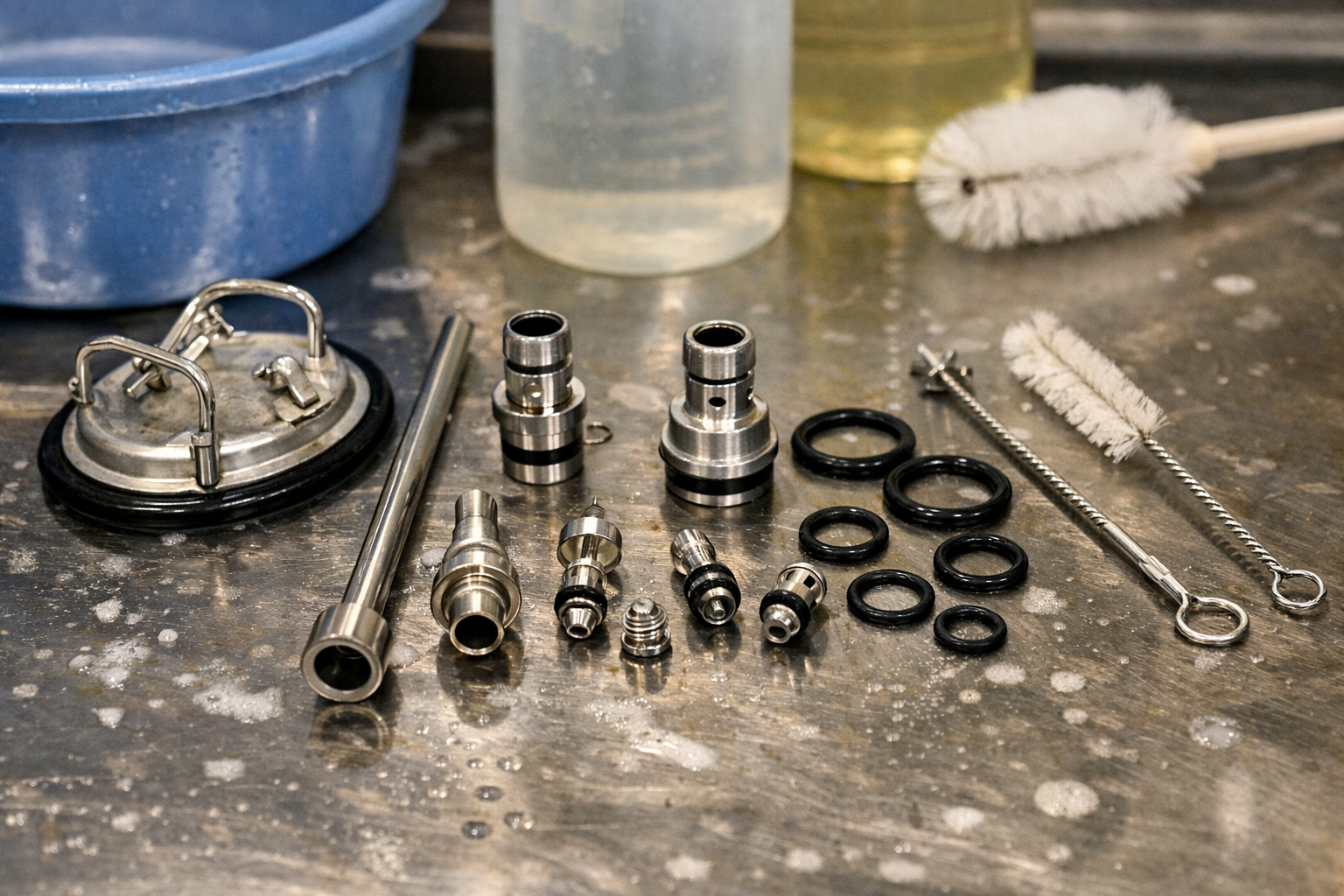 Disassembled Cornelius keg parts including posts, dip tubes, poppets, and O-rings laid out for cleaning