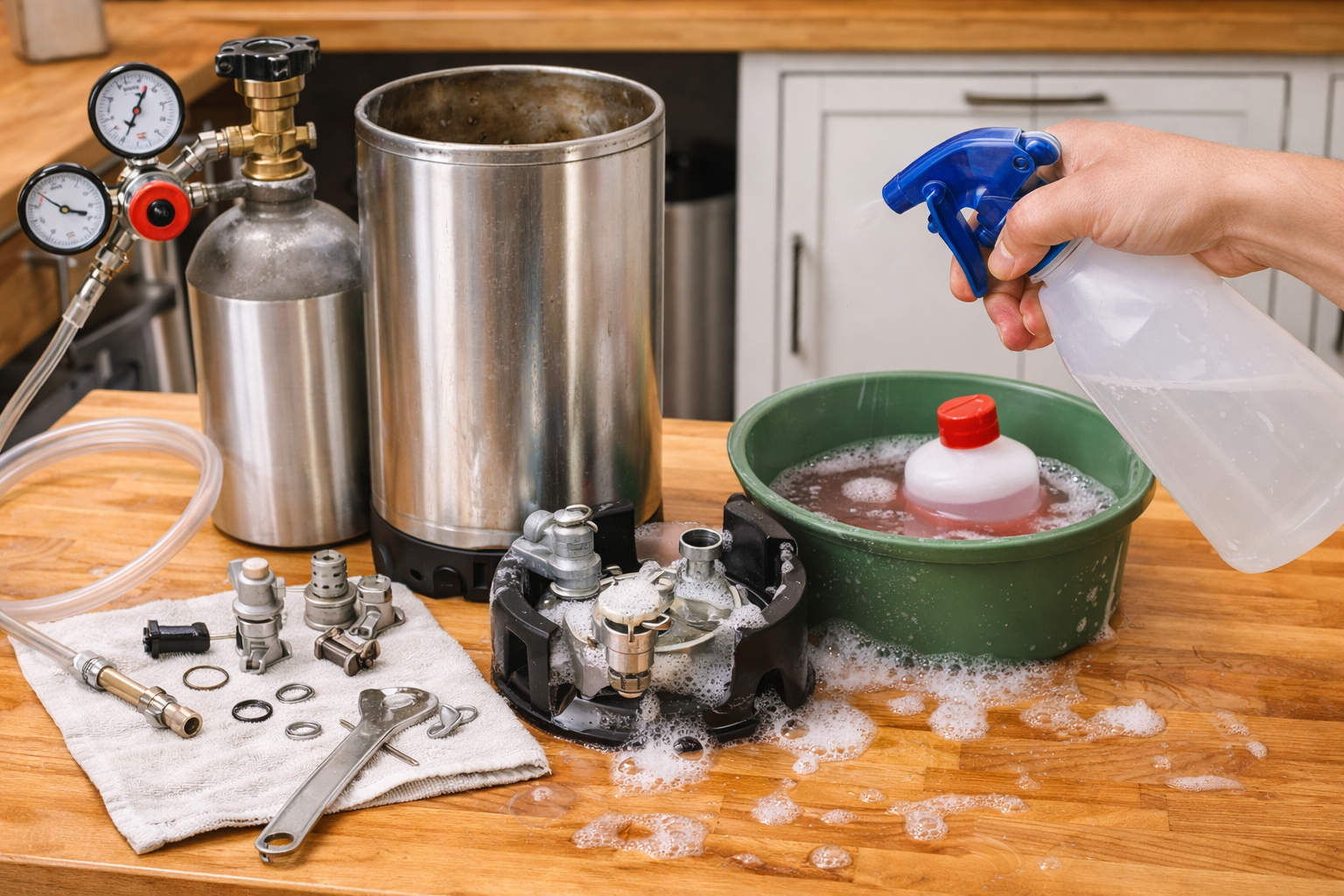 Disassembled Cornelius keg parts with posts, dip tubes, O-rings, and gas connections shown