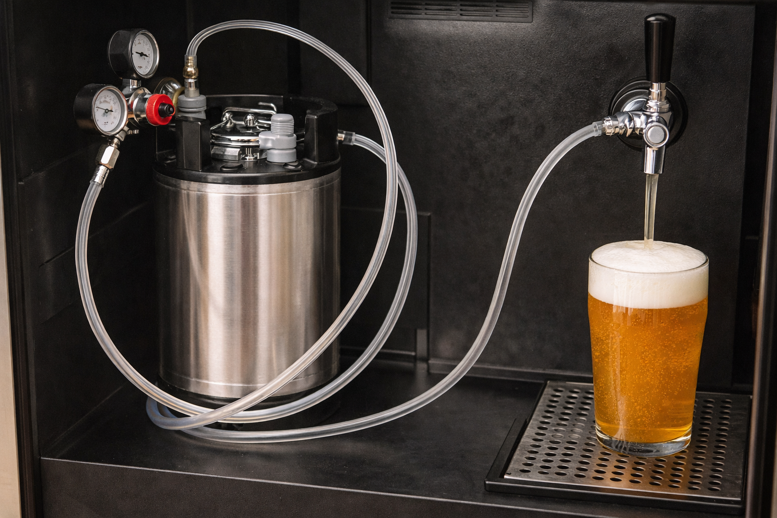 Draft beer setup showing keg, regulator, faucet, and beer line length for balanced pouring
