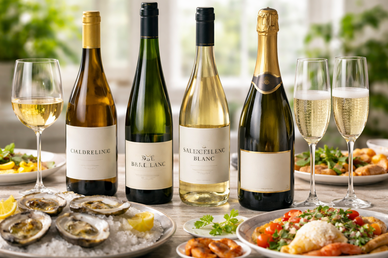 Chardonnay, Riesling, and sparkling wine bottles with filled glasses on a bright dinner table