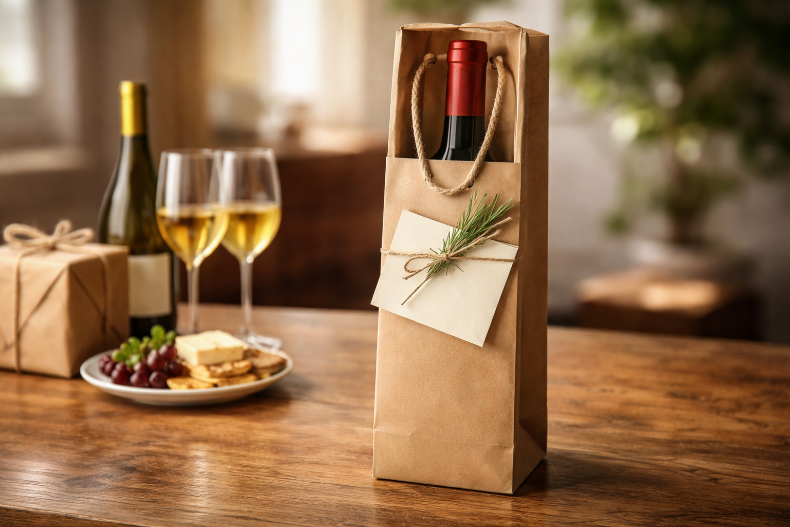Thoughtful wine gift presentation with simple packaging and a handwritten note for a boss