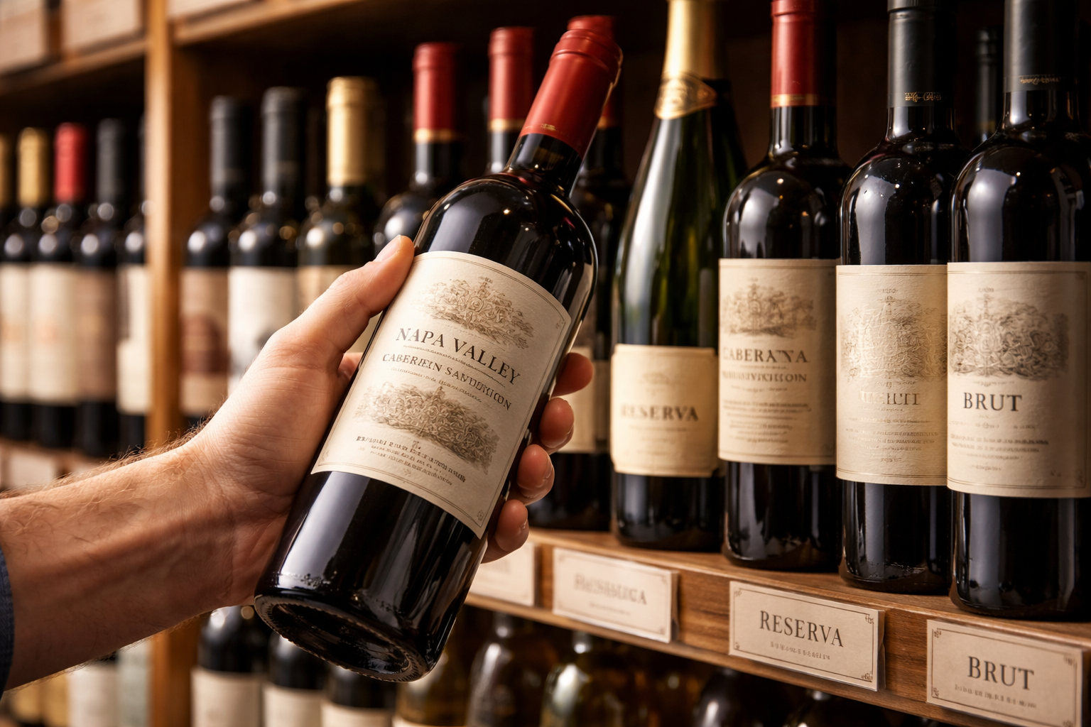 Close-up of wine bottle labels highlighting appellation, producer, Reserva, and Brut details