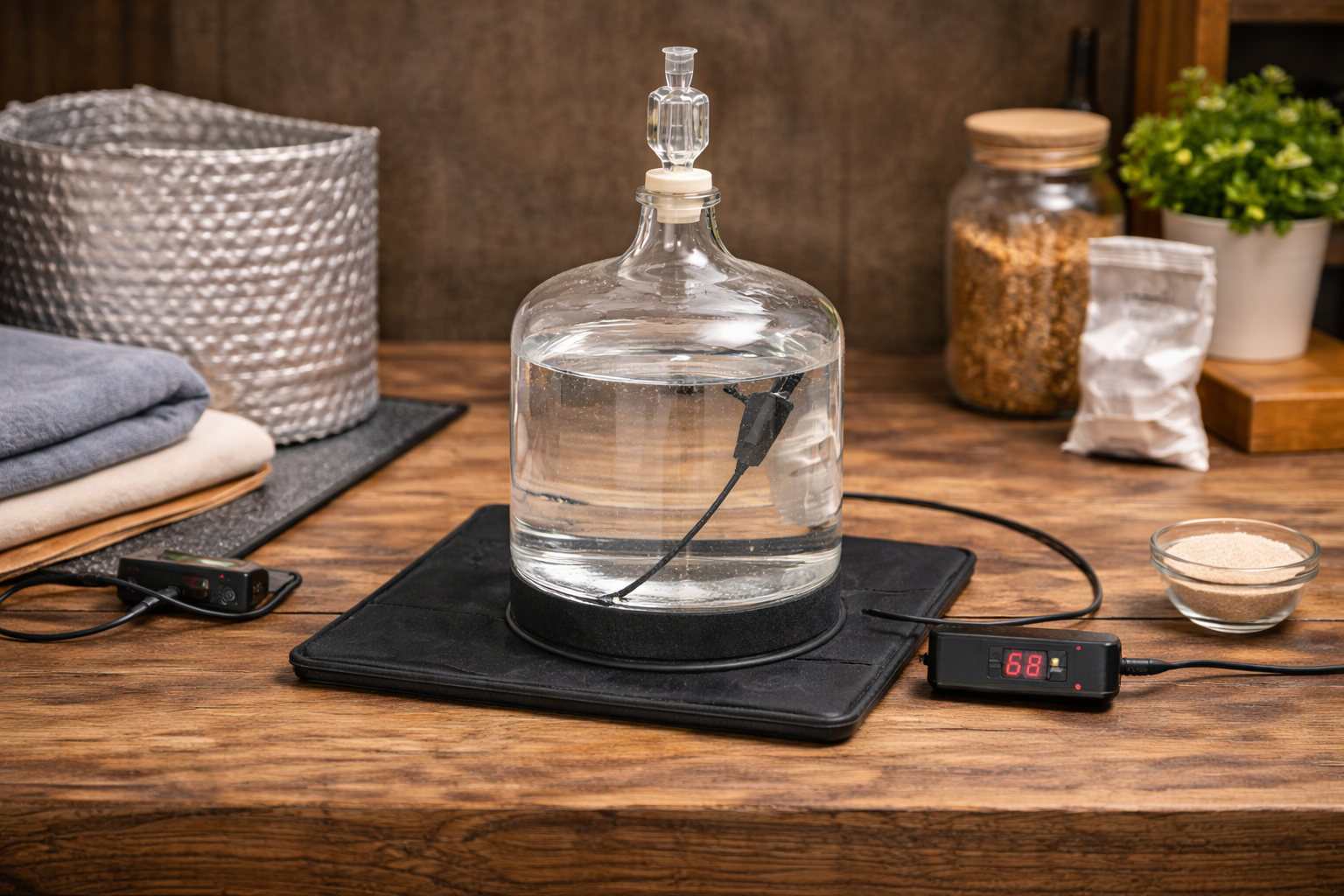 Proper fermentation heat mat setup with fermenter centered on pad and temperature probe taped to vessel side