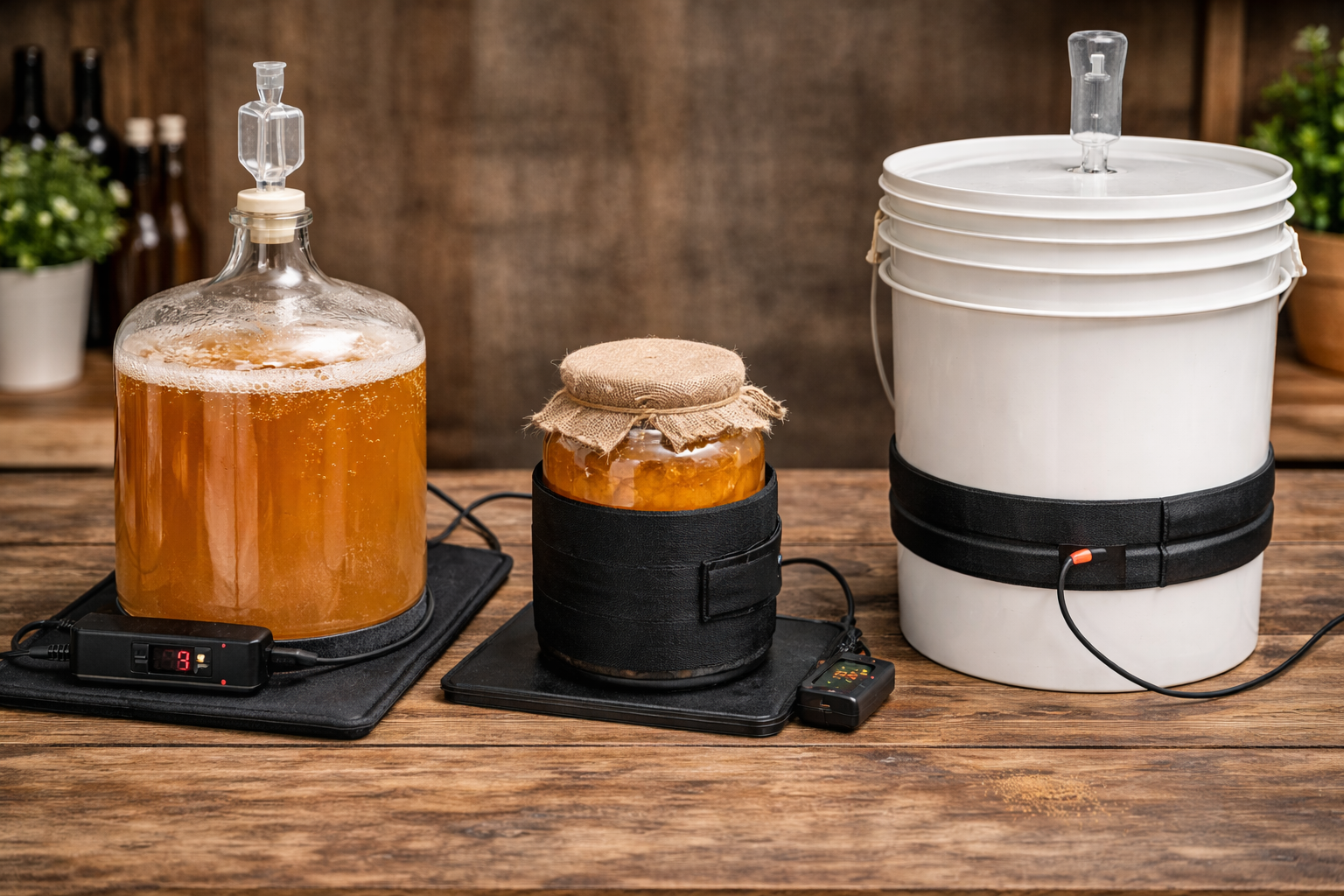 Comparison of a flat fermentation heat mat, kombucha wrap, and belt heater on different fermenting vessels