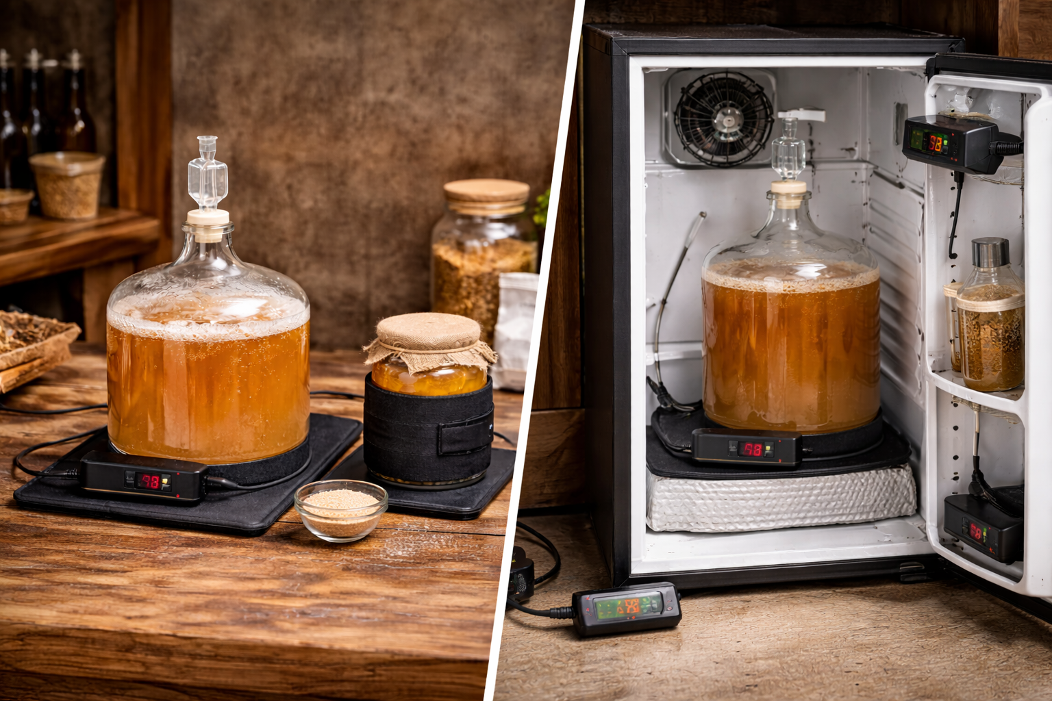 Side-by-side view of a simple fermentation heat mat setup and a more advanced fermentation chamber