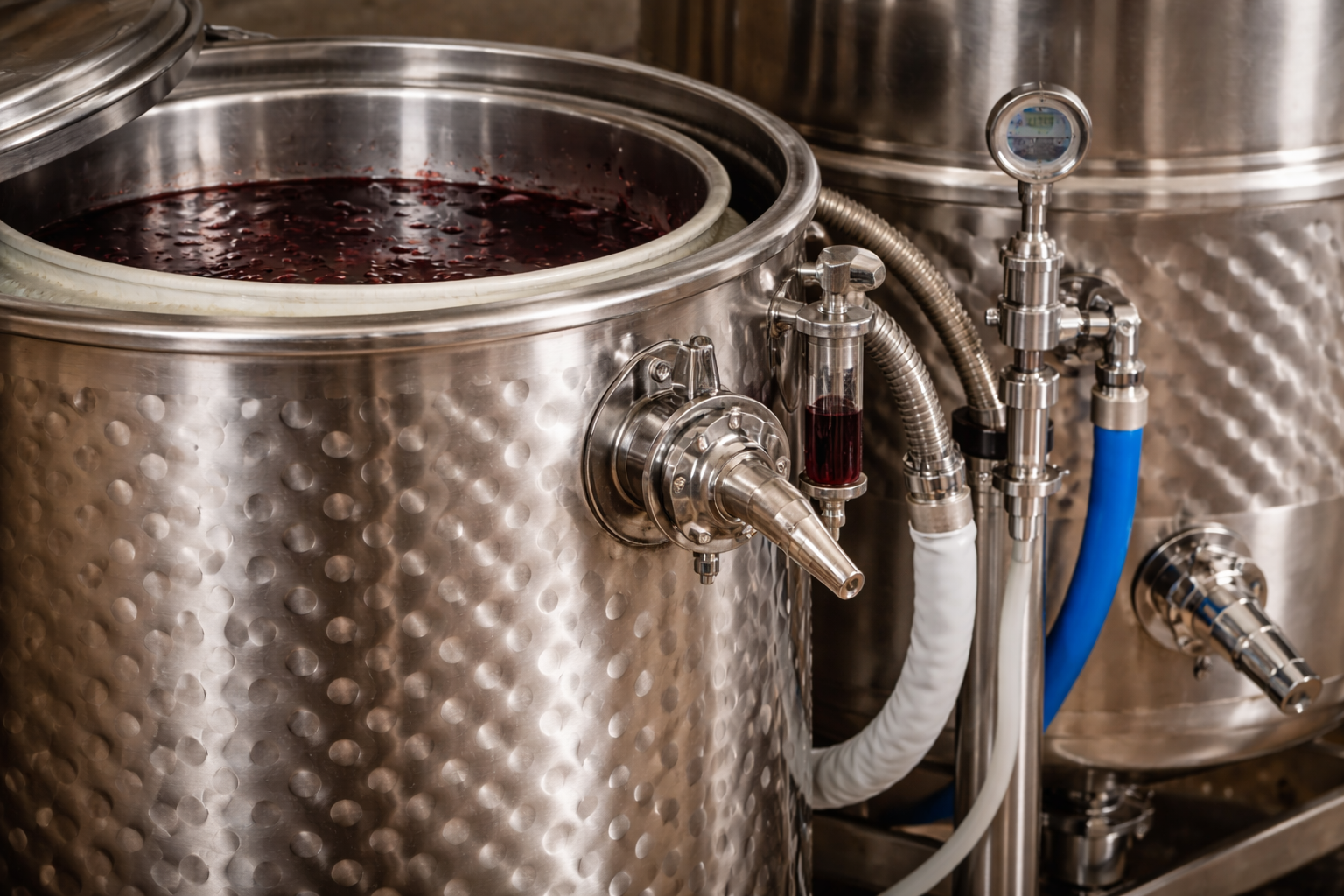 7 Best Stainless Steel Fermenters for Wine, Ranked by Fit 3 Close-up of stainless fermenter features including racking valve, wide lid opening, thermowell, and sample port