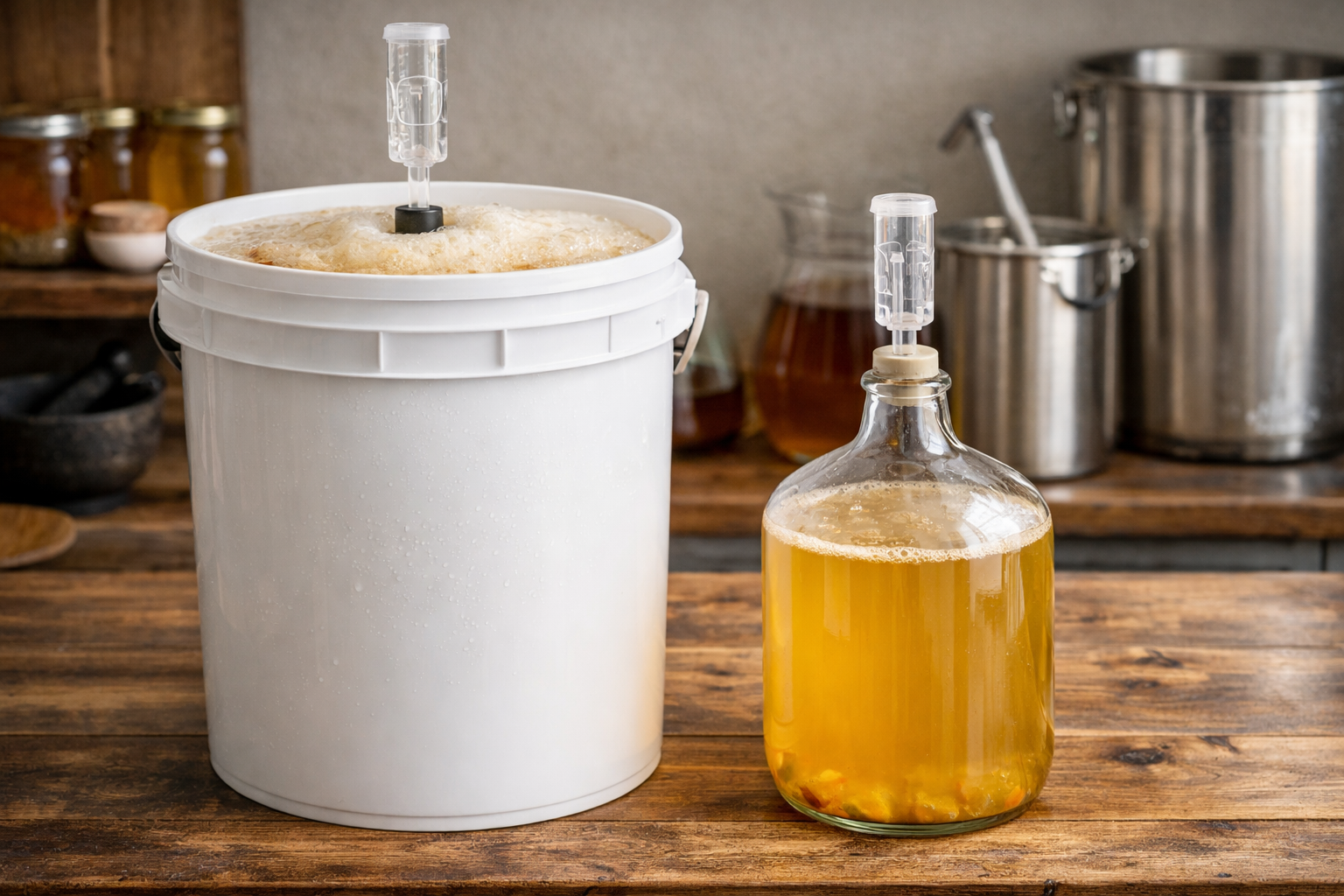 Roomy primary fermenter beside a tighter secondary carboy for mead fermentation