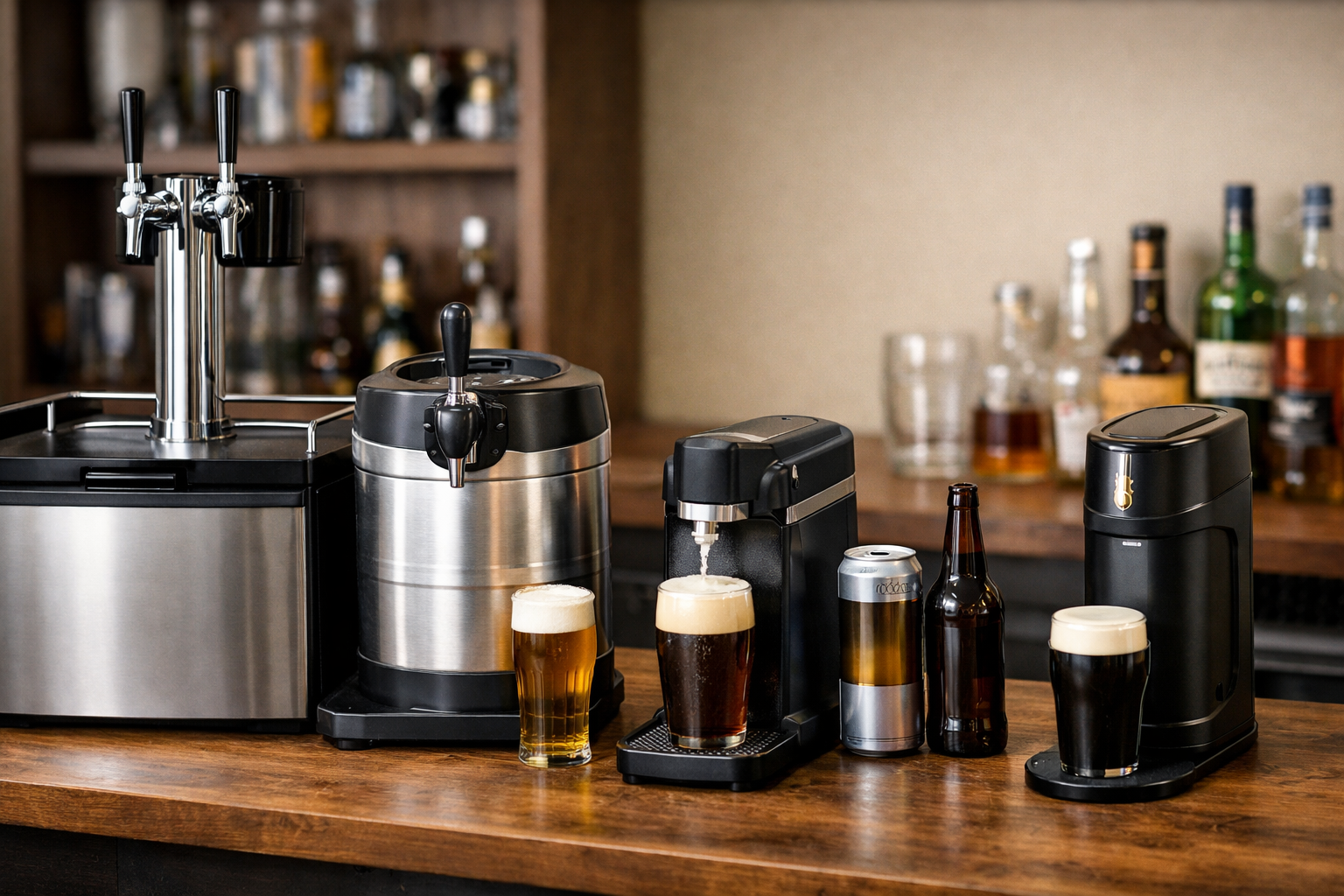 Side-by-side view of different beer dispenser types including a full-size kegerator and countertop beer machines