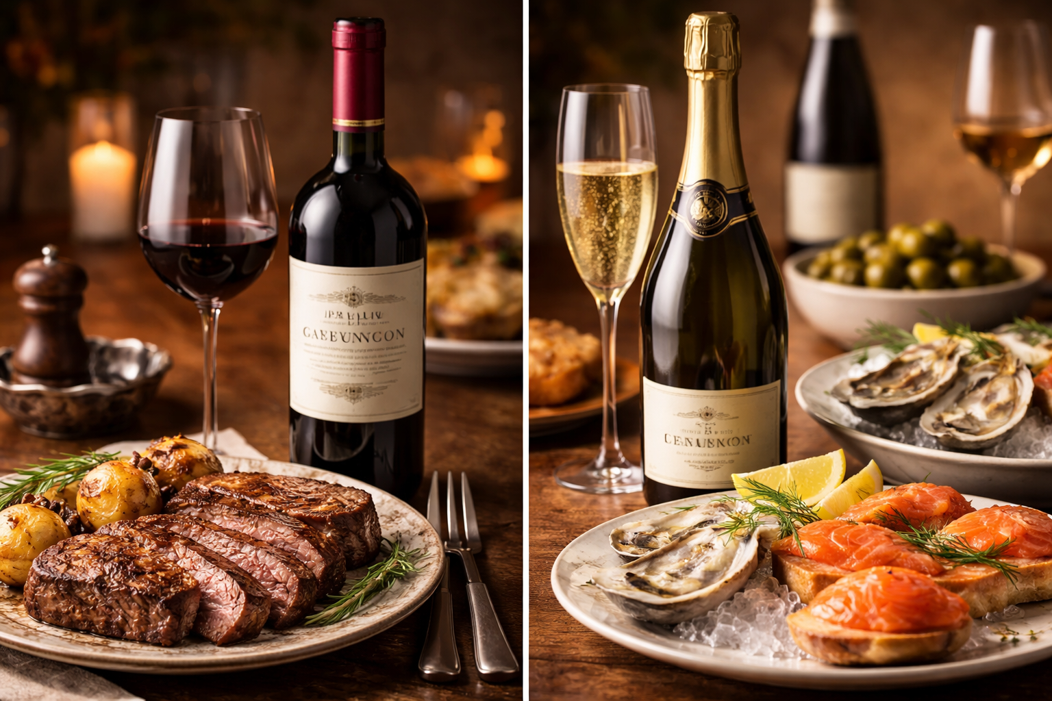 Wine bottles paired with steak, seafood, and pasta dishes on a dinner table