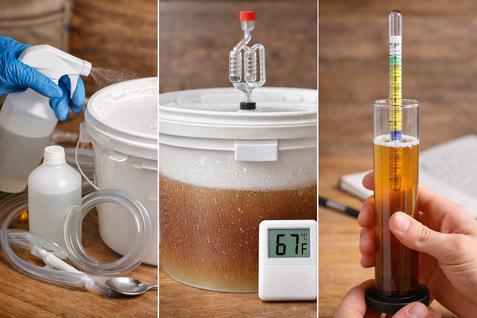 Home brewing setup showing sanitiser, fermenter, thermometer, and hydrometer for a beginner beer kit