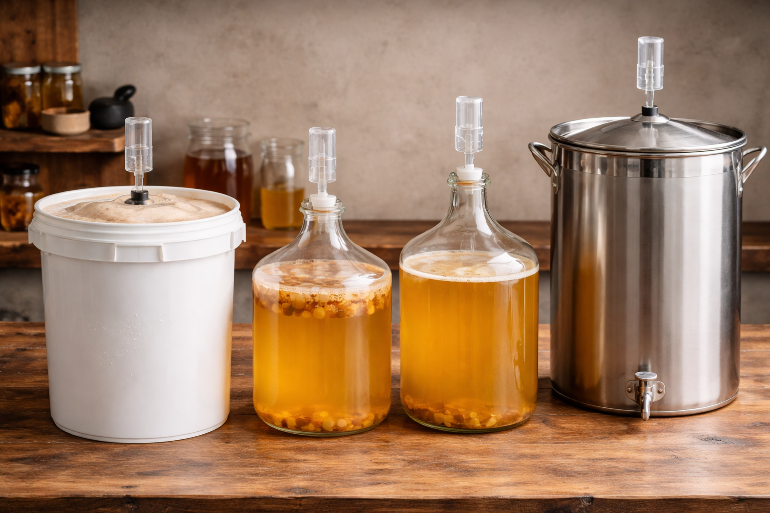 Plastic bucket, PET fermenter, glass carboy, and stainless fermenter used for mead