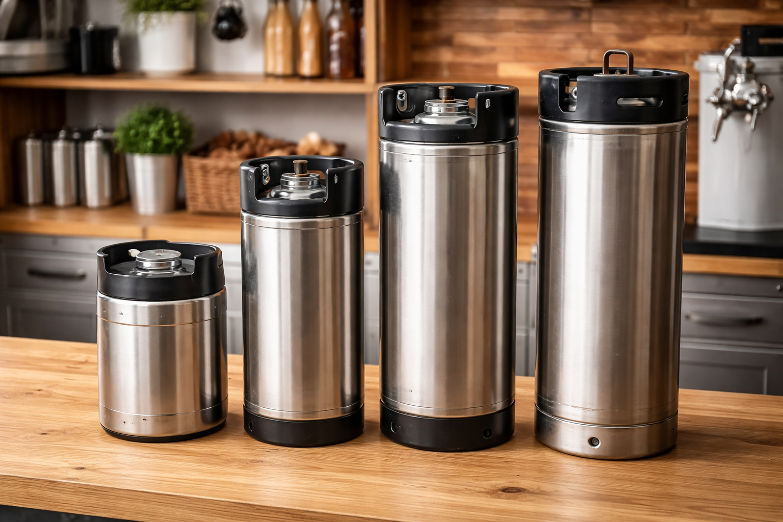 Different homebrew keg sizes lined up side by side for size comparison