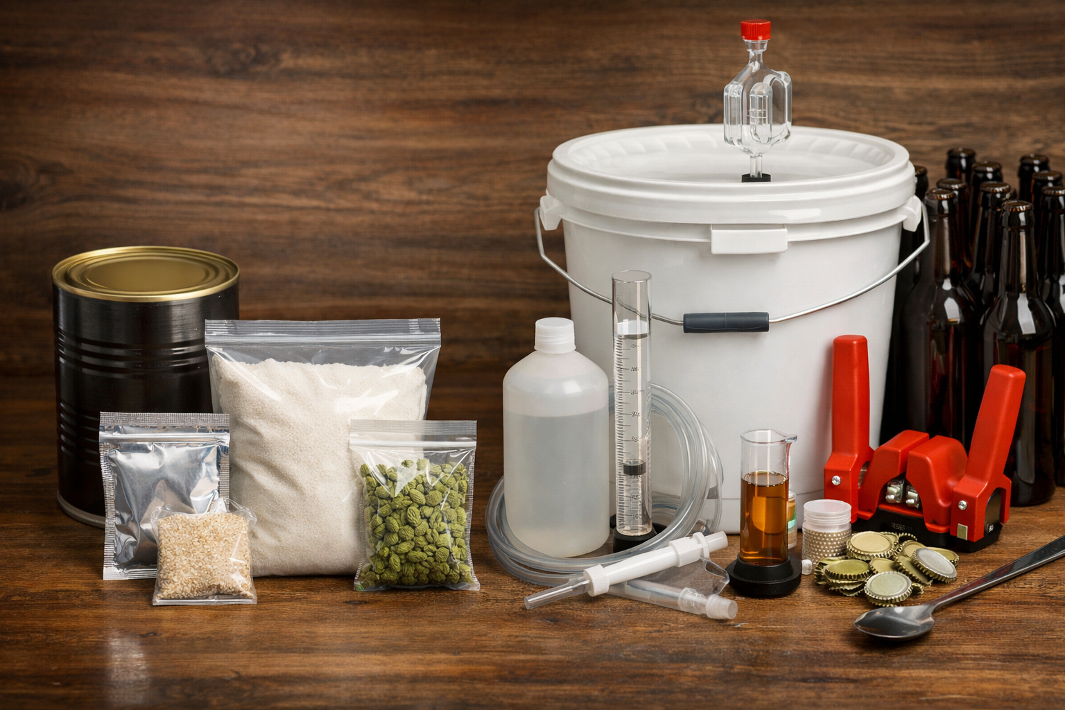 Home brew starter kit contents laid out on a table with fermenter, ingredients, bottles, and tools