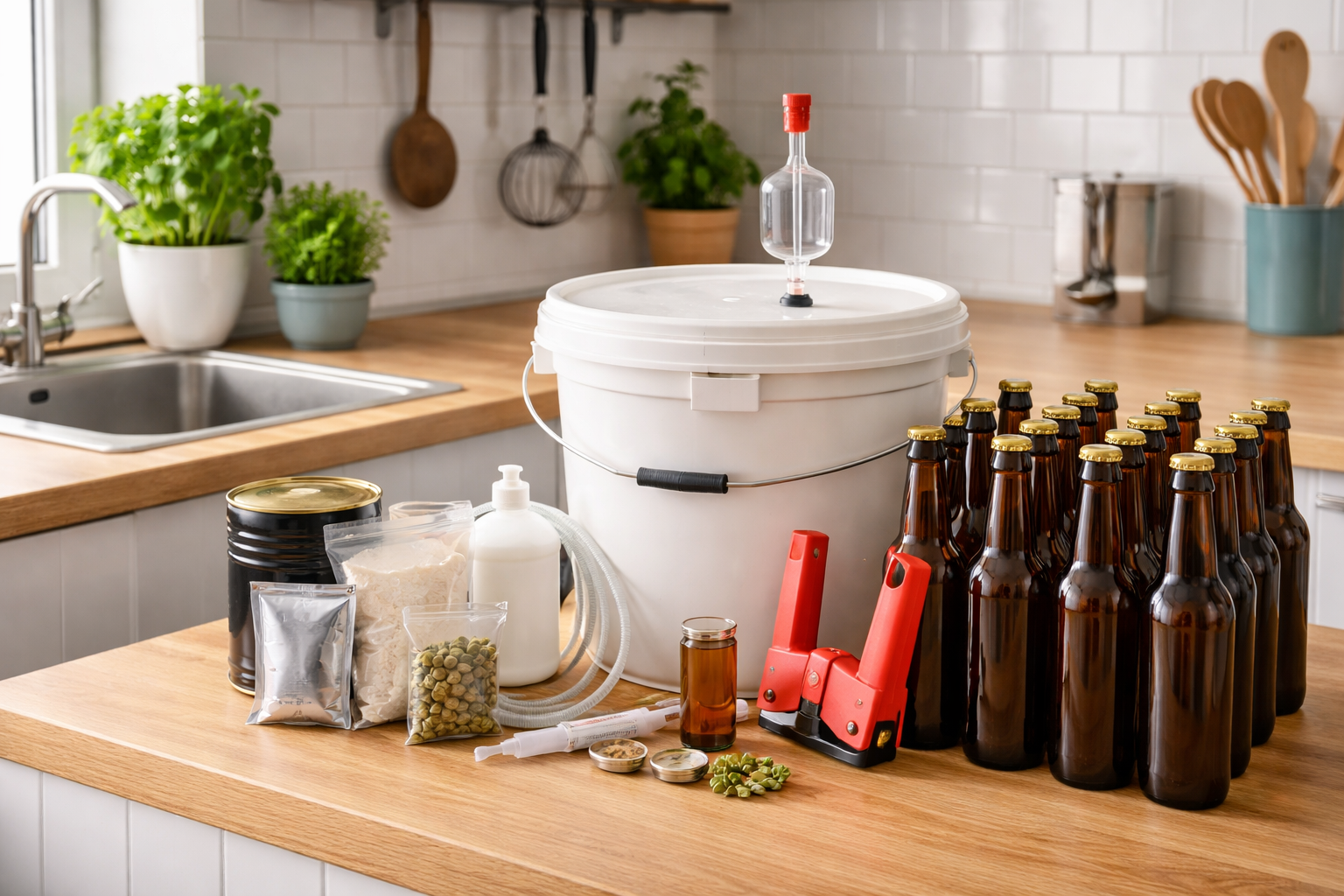 Side-by-side comparison of a 10 litre home brew setup and a larger 23 litre brewing setup