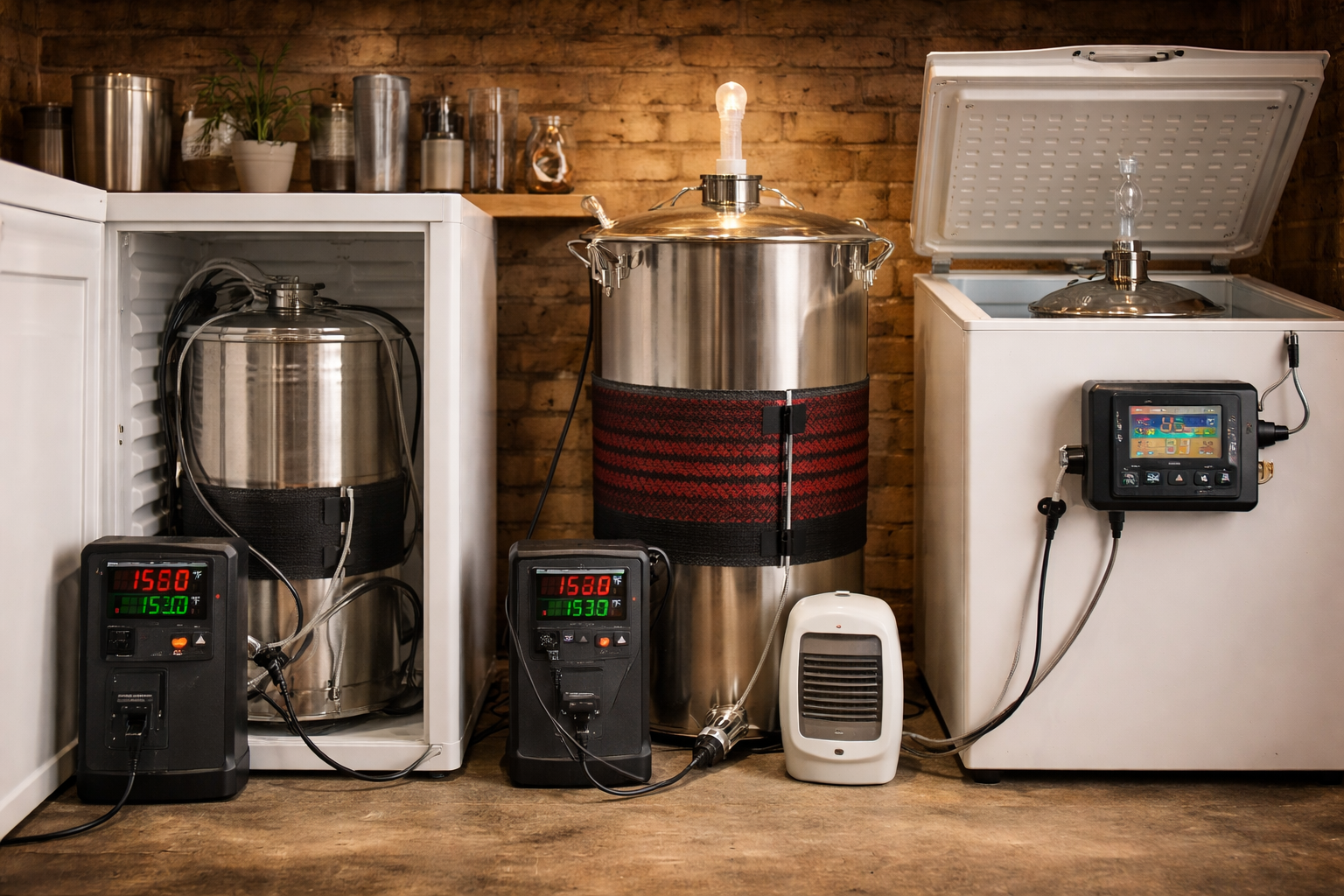 5 Best Temp Controllers for Brewing, Ranked by Setup Fit 1 Homebrew fermentation setups with a fridge chamber, heat wrap, and temperature controller