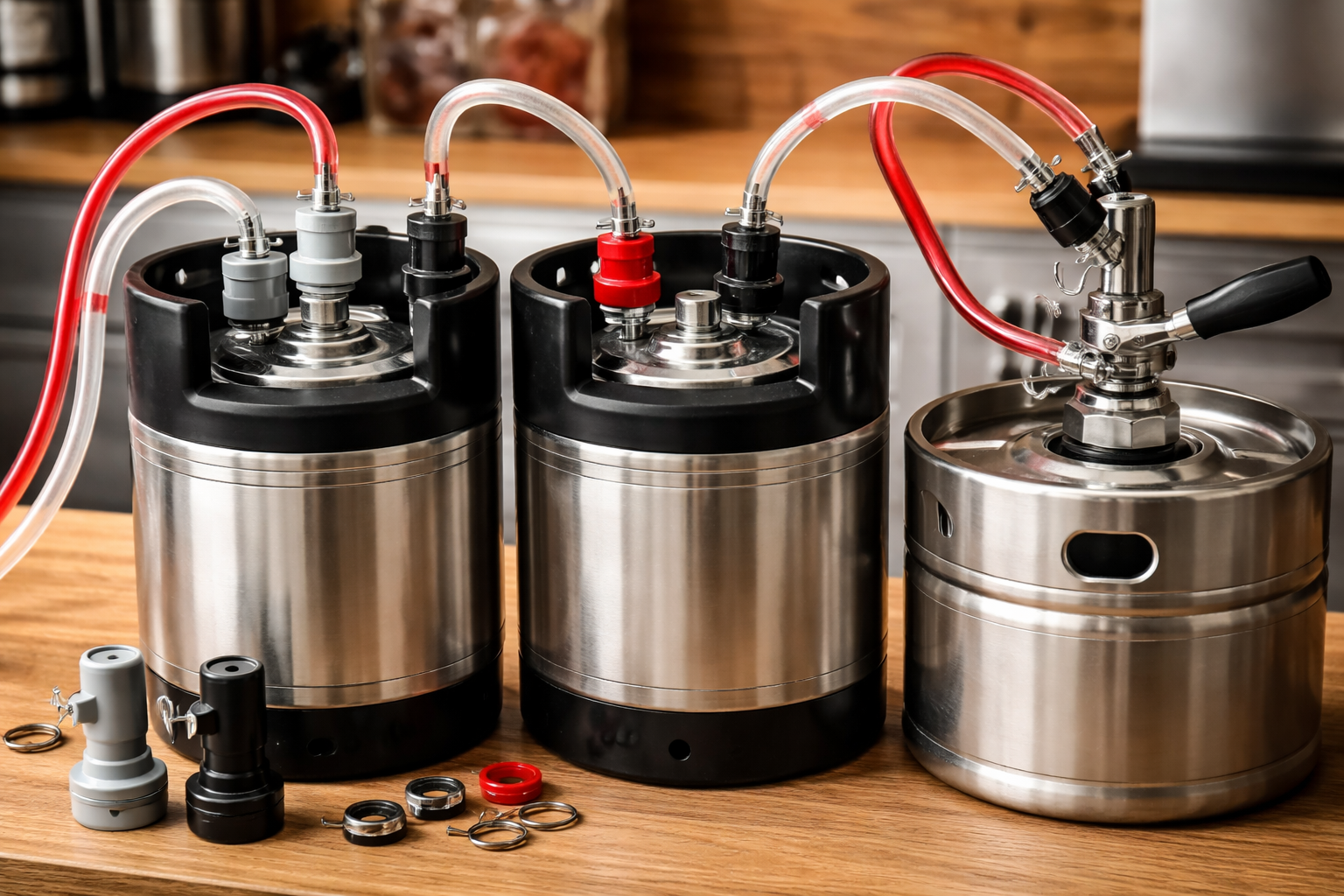Close-up comparison of ball lock, pin lock, and Sankey keg connections