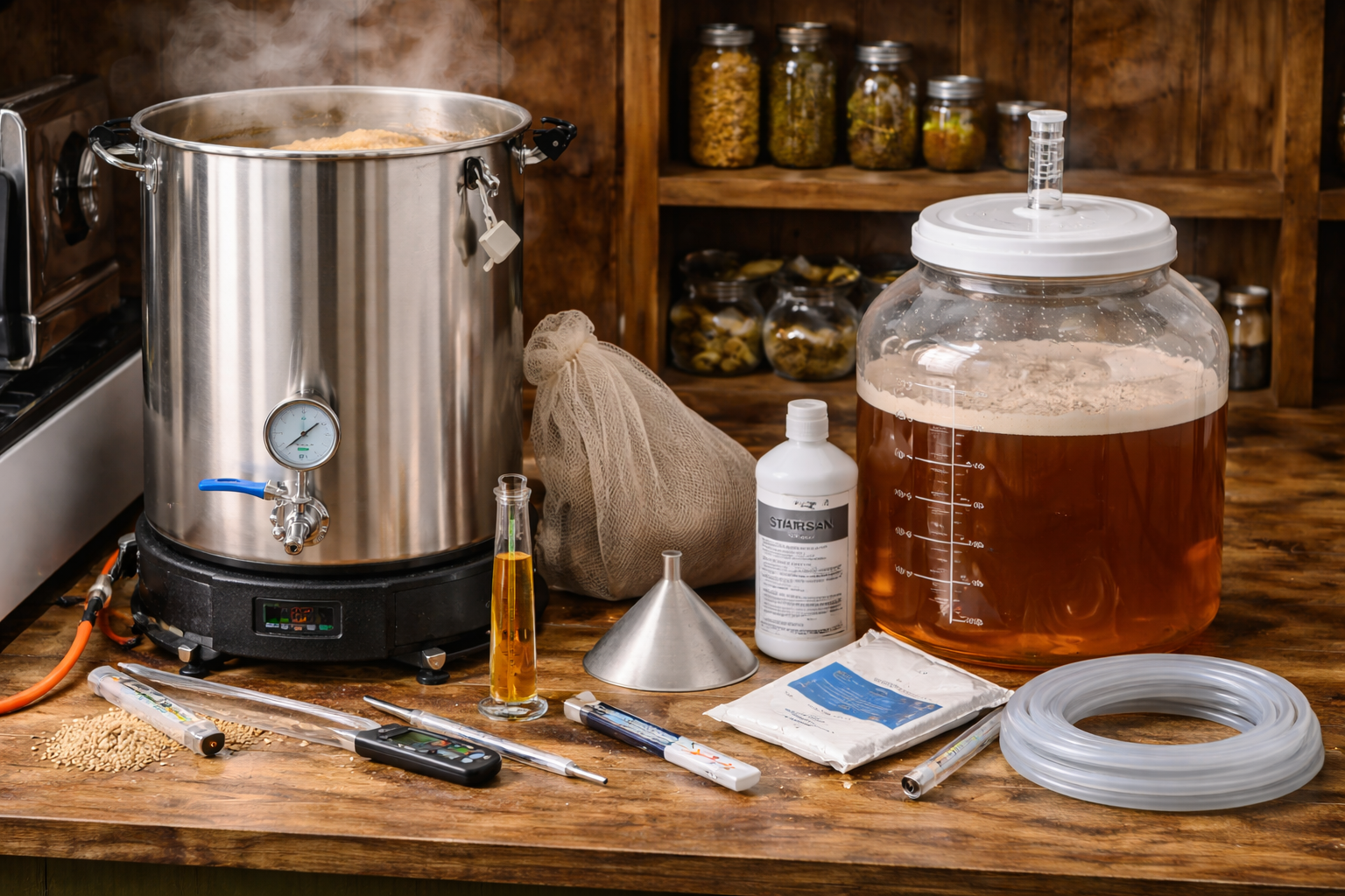 Essential all grain brewing equipment laid out with kettle, fermenter, thermometer, sanitizer, and transfer gear