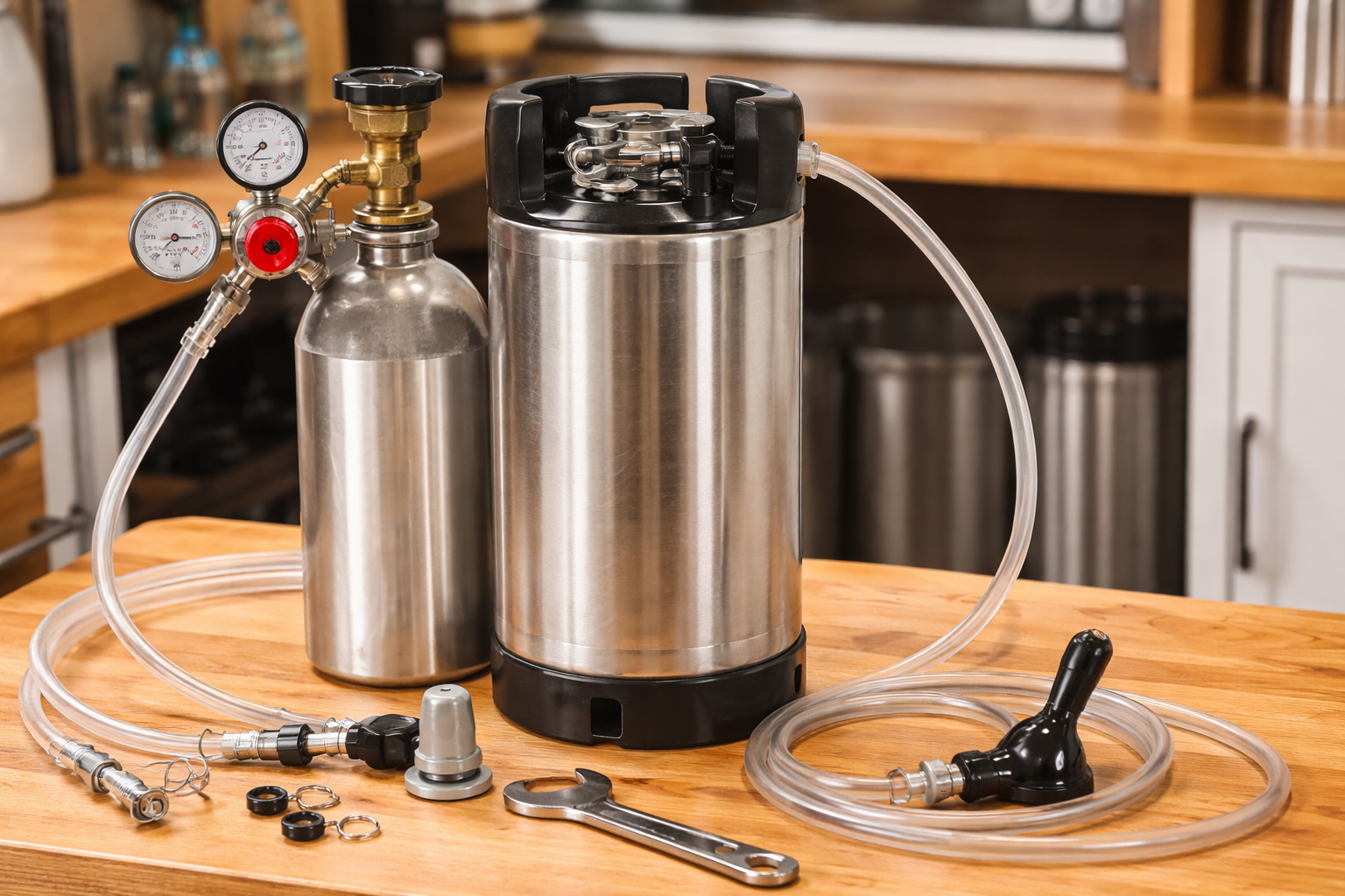 Cornelius keg setup with CO2 tank, regulator, gas line, beer line, and tap labeled