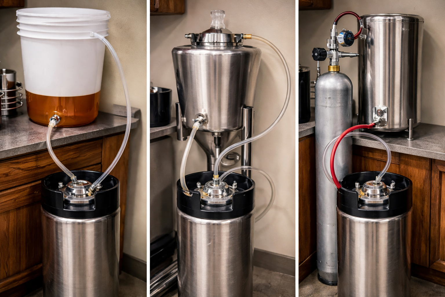 Side-by-side beer keg filling setups for open gravity transfer, closed gravity transfer, and CO2 pressure transfer