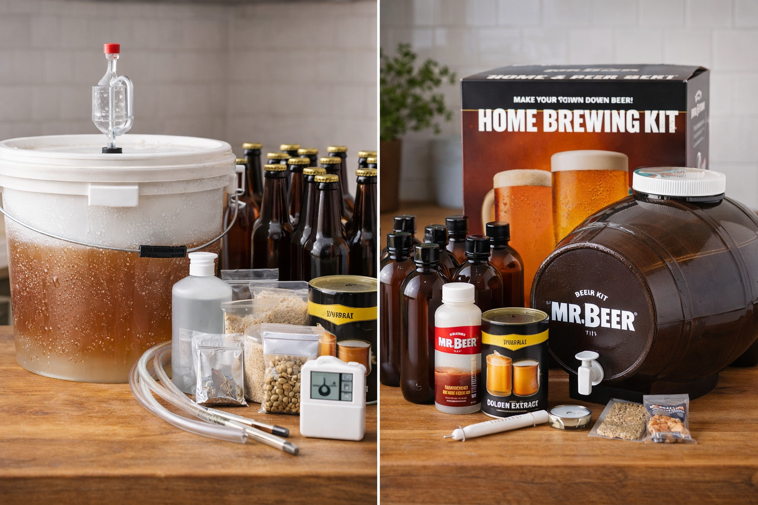 Three different home brewing starter kits arranged for comparison from compact kit to full beginner setup