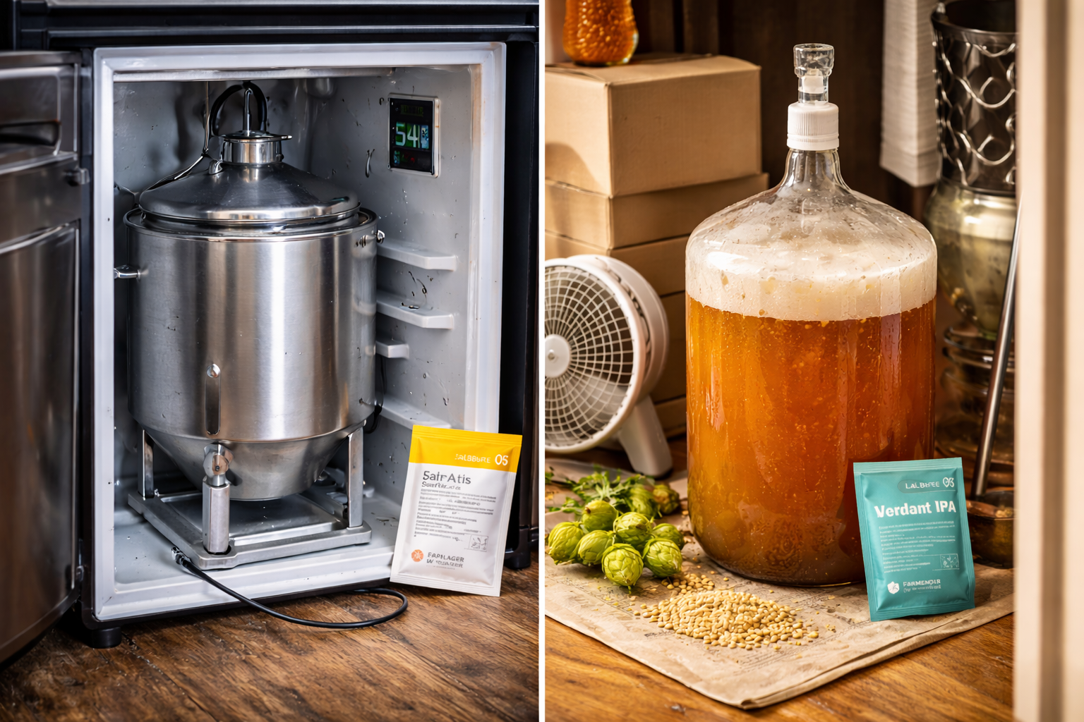 7 Best Yeast for Brewing Beer and How to Pick the Right One 4 Homebrewing fermentation setups showing a temperature-controlled chamber and a simple warm-room fermenter