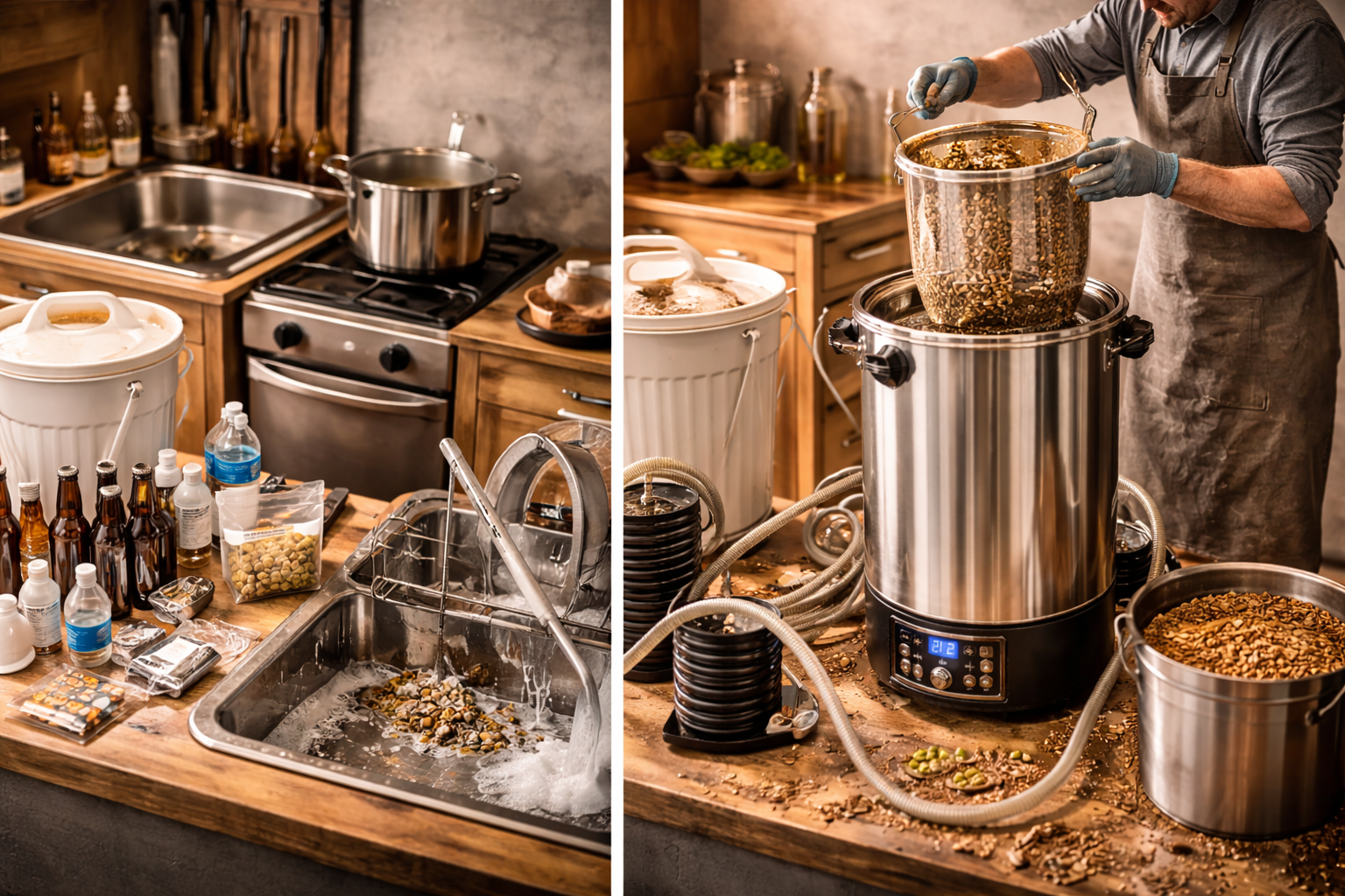 7 Best Home Brewing Systems That Actually Fit Your Brew Style 4 Home brew day scene comparing a simple starter kit setup with a larger all-in-one electric brewing system and accessories