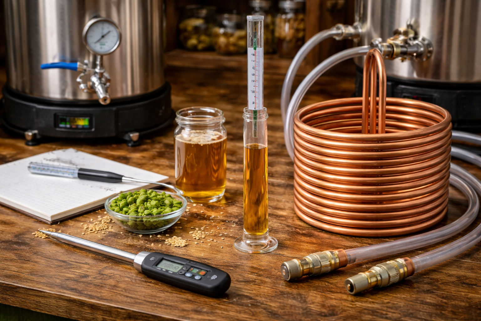 Close-up of useful all grain brewing tools including hydrometer, thermometer, and immersion wort chiller