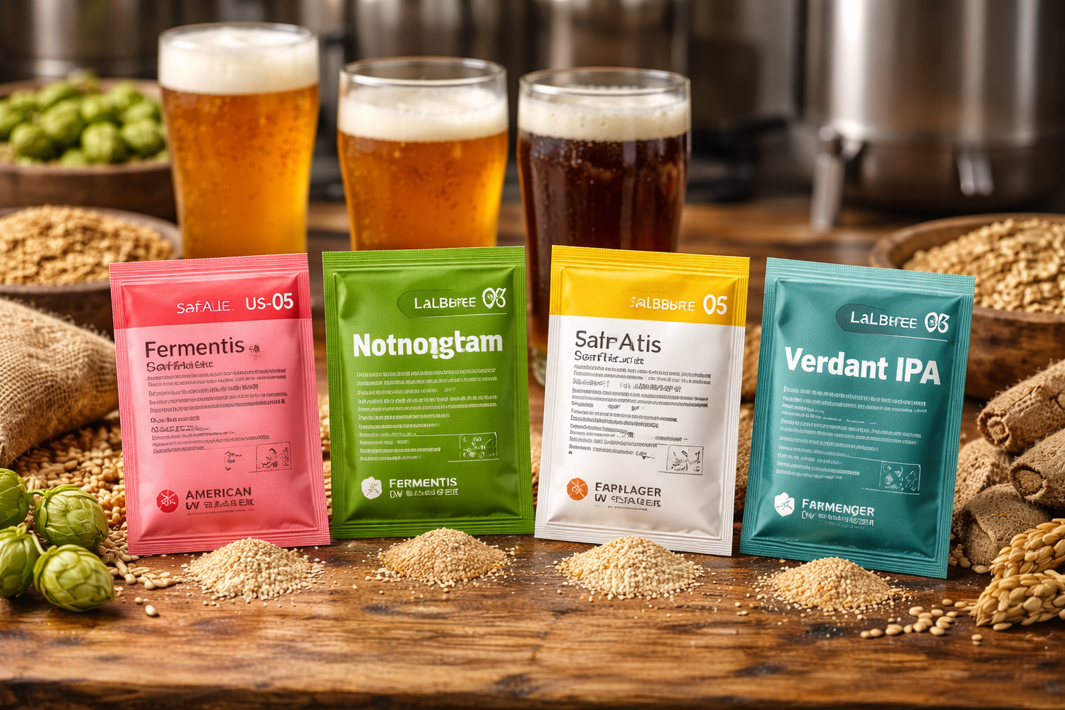 7 Best Yeast for Brewing Beer and How to Pick the Right One 2 Side-by-side comparison of popular brewing yeast packets including US-05, Nottingham, W-34/70, and Verdant IPA