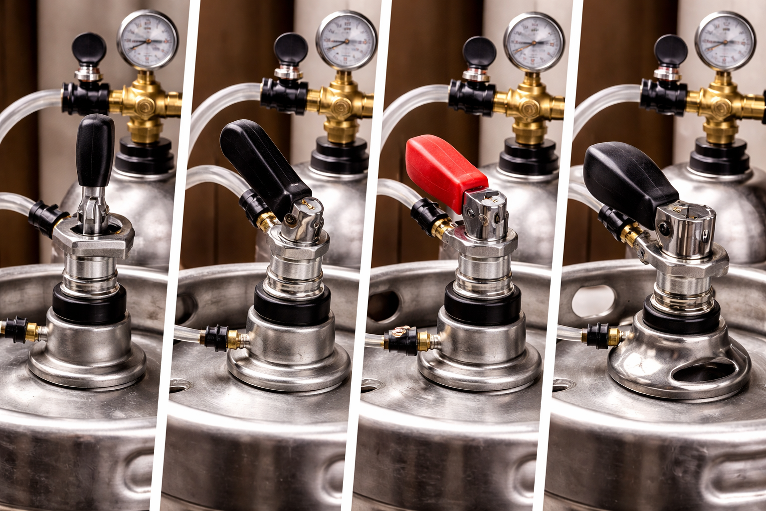 CO2 tank, regulator, gas line, and keg coupler connected to a keg in the correct gas path