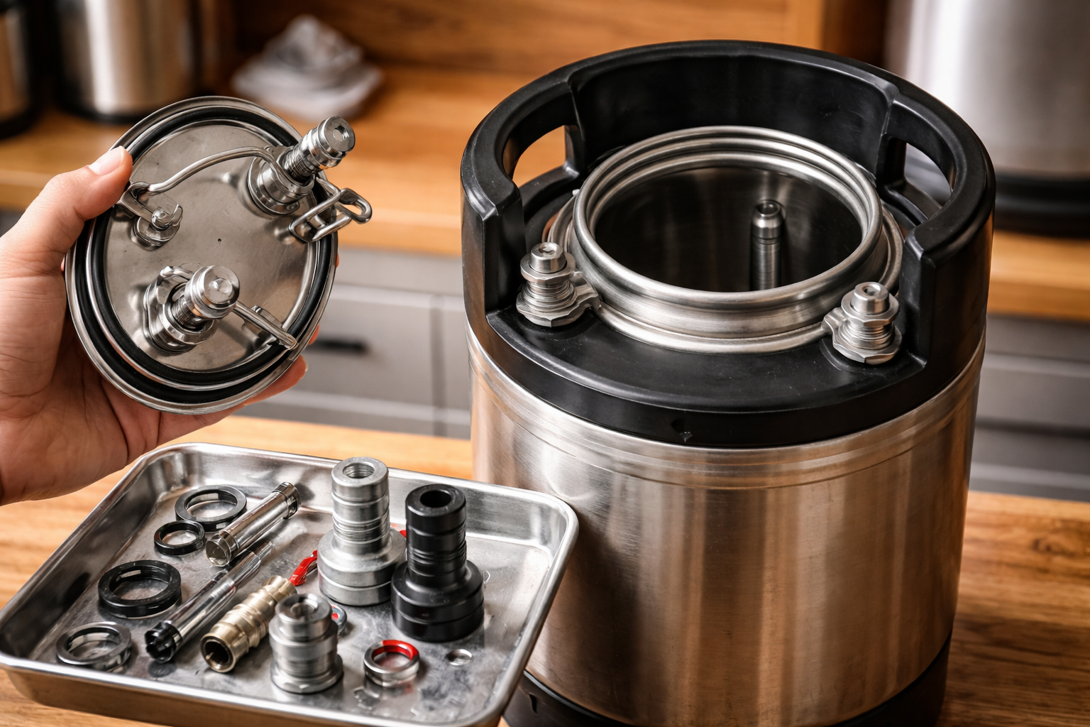 Close-up of a stainless homebrew keg showing lid, posts, pressure relief valve, and handles