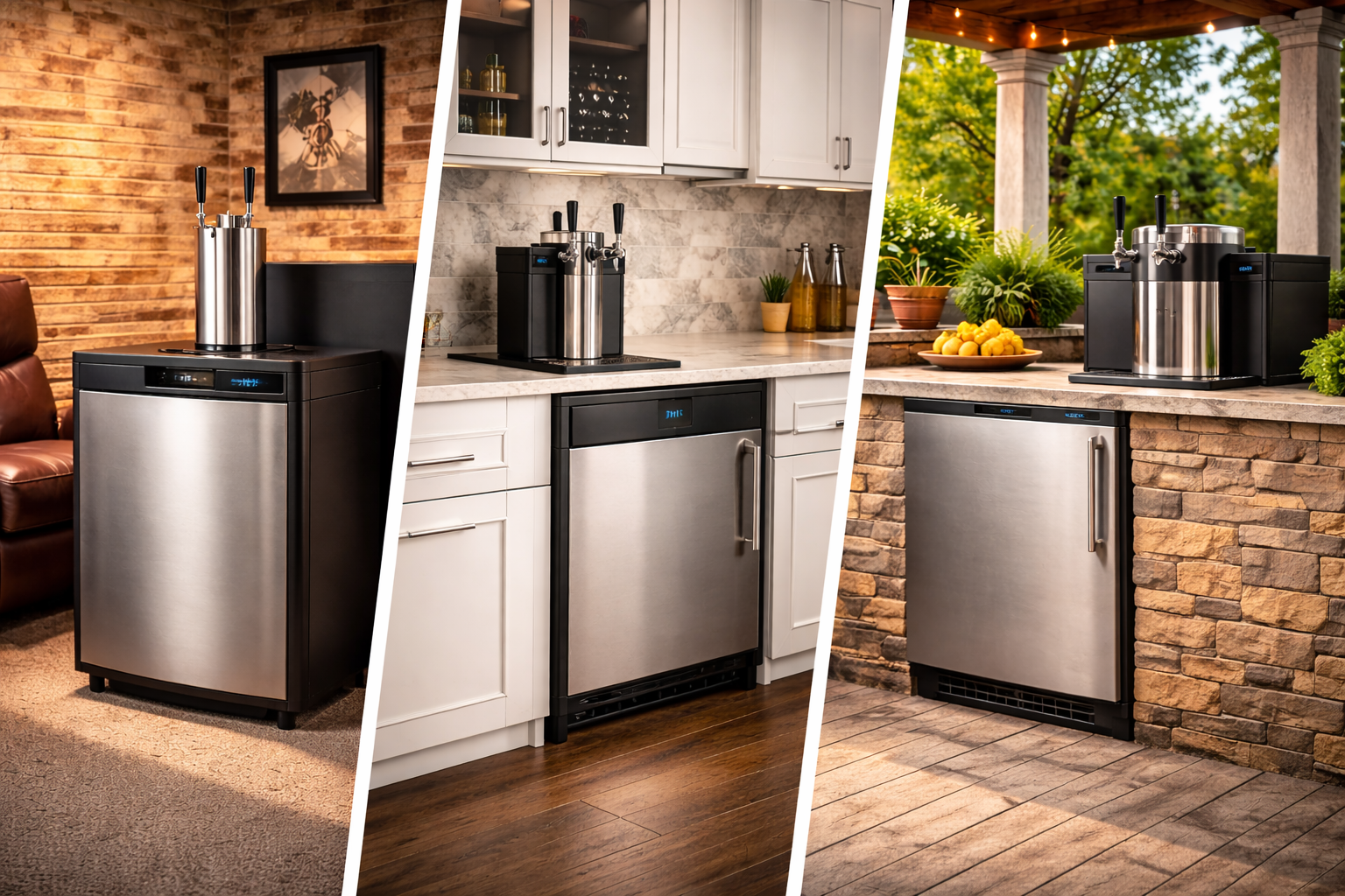 Freestanding, built-in, and outdoor kegerator installation examples with ventilation clearance