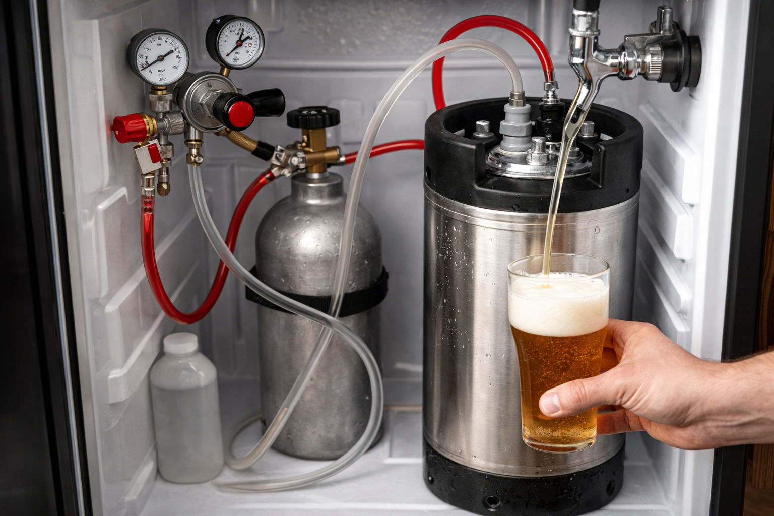Complete homebrew keg setup with CO2 tank, regulator, beer lines, and keg in a kegerator or keezer