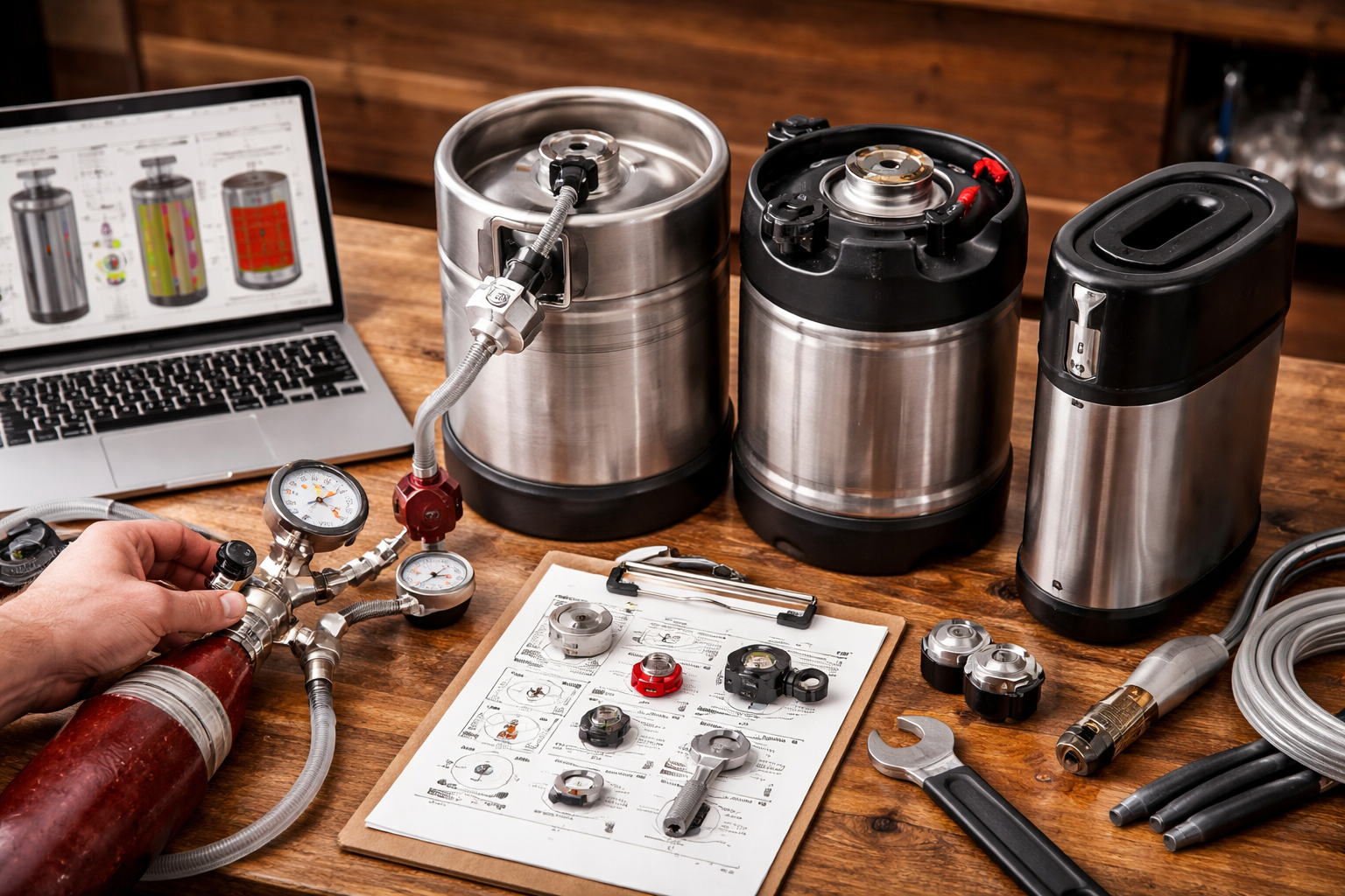 Labeled beer keg setup showing coupler, CO2 connection, beer line, and different keg types