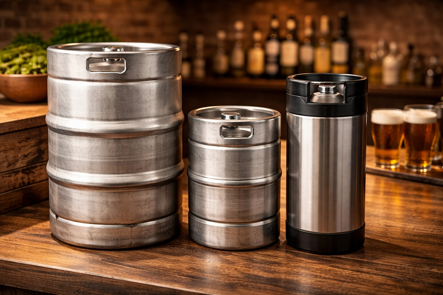 Comparison of common keg sizes including half-barrel, sixth-barrel, and Cornelius kegs